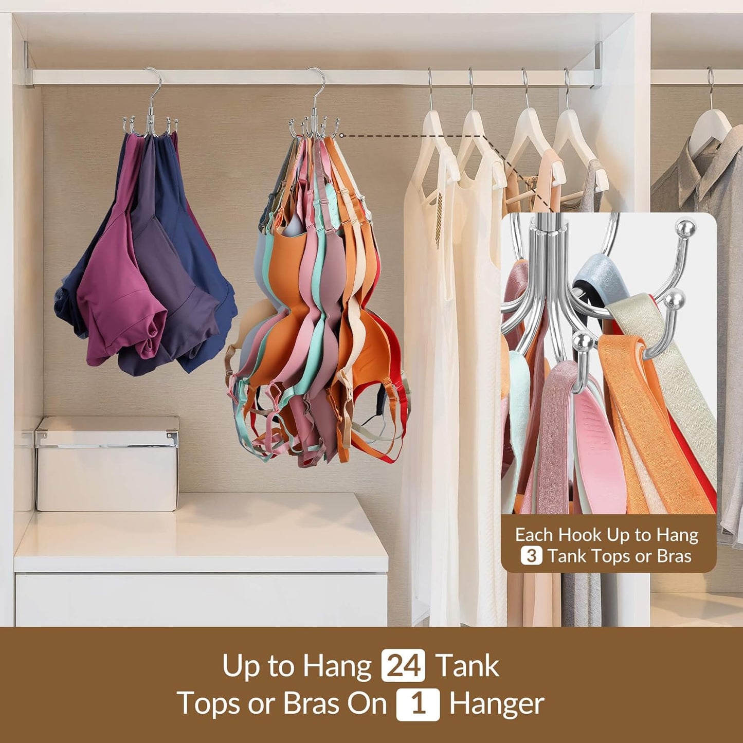 ZEDODIER Tank Top Hanger, 2 Pack Rotatable Bra Organzier for Closet, Max 48 Storage Capacity Sport Bra Holder, Metal Space Saving Closet Organizers and Storage, Silver