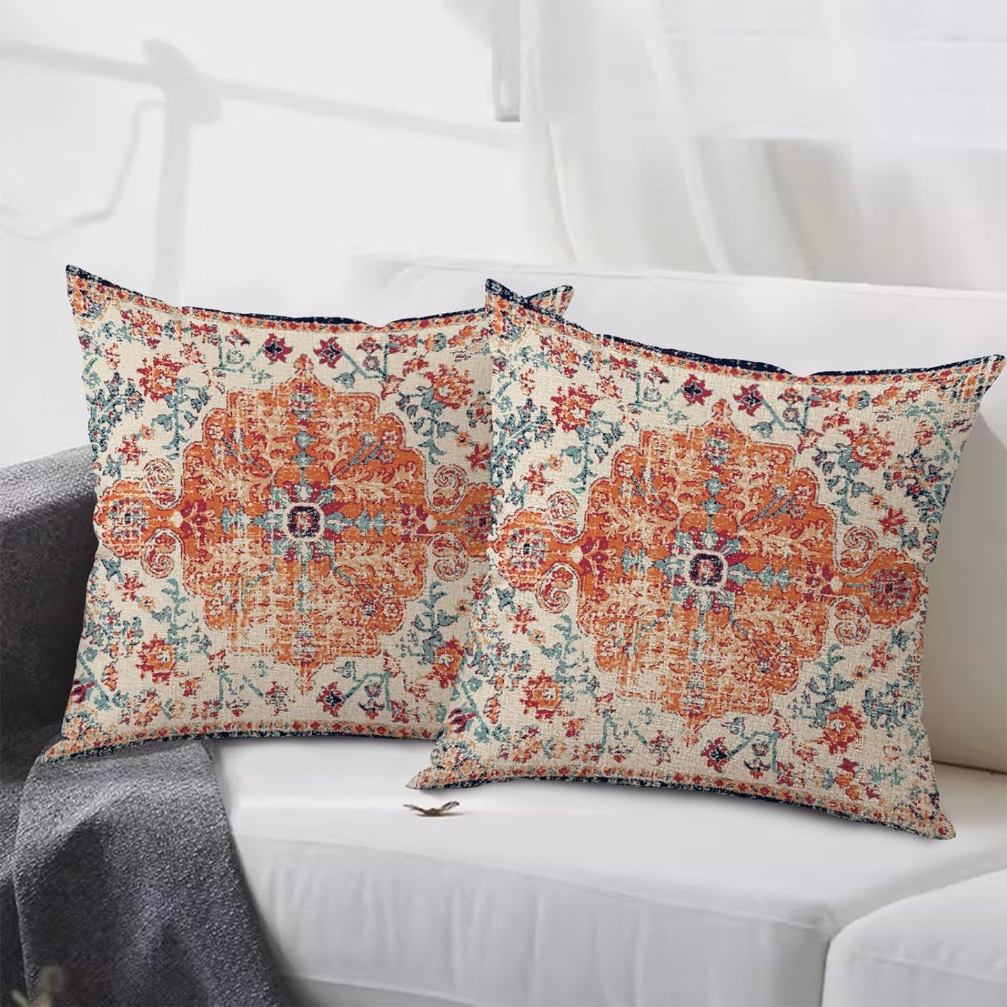 Outdoor Waterproof Pillow Covers 18X18 Inch Set of 2 - Bohemian Vintage Carpet Pattern Orange Blue Ethnic Design Decorative Farmhouse for Couch Garden Balcony