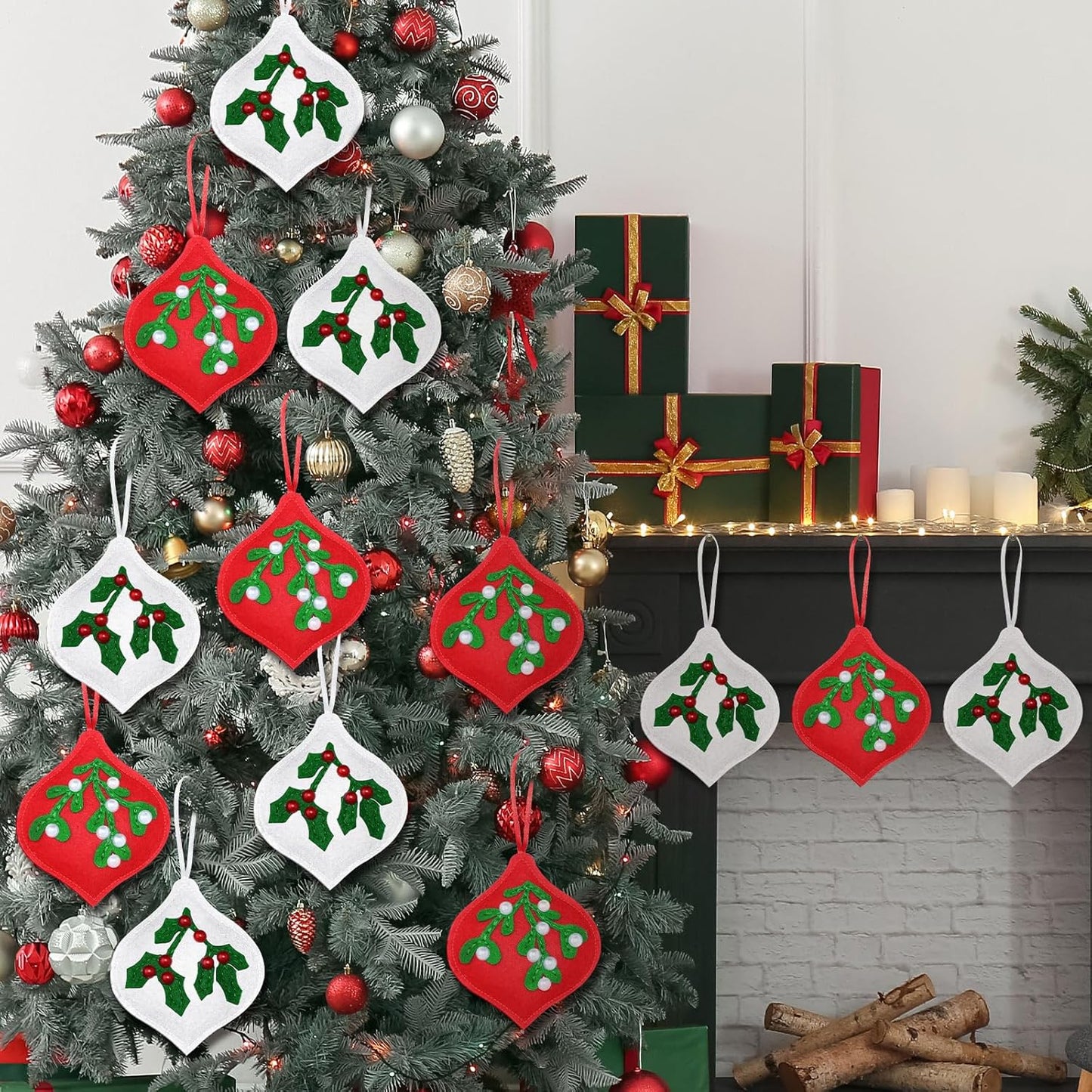 12 Pcs Christmas Felt Ornaments for Tree Red and White Mistletoe and Holly Leaves with Berries Poinsettias 3D Hanging Decorations Hanging Felt Craft for Christmas Party Favors Gifts