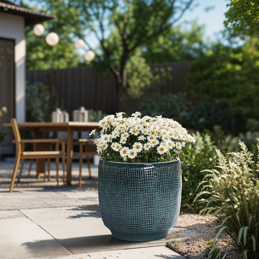 LuxenHome Marina Gray 12-Inch Dia Round Ceramic Planter Pot with Drainage Hole and Rubber Plug, Modern Gradient Glaze Plant Pot, Decorative Flower Garden Pot for Indoor Outdoor Plants