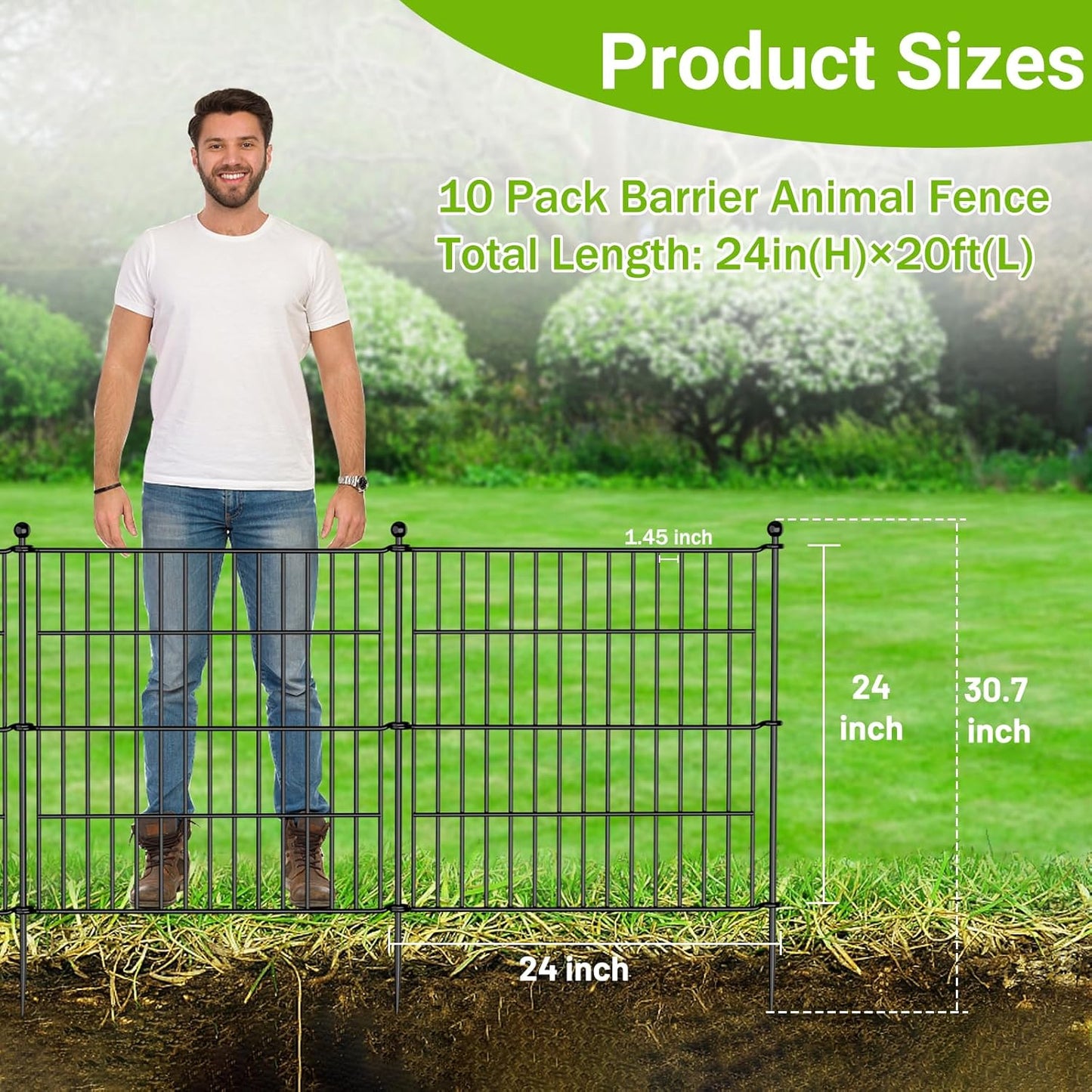 10 Panels No Dig Decorative Outdoor Garden Fence for Yard, 24 in(H) X 20 ft(L) Animal Barrier Fencing Rustproof Metal Wire Panel Border for Dog, Rabbits, and Patio Temporary Ground Stakes