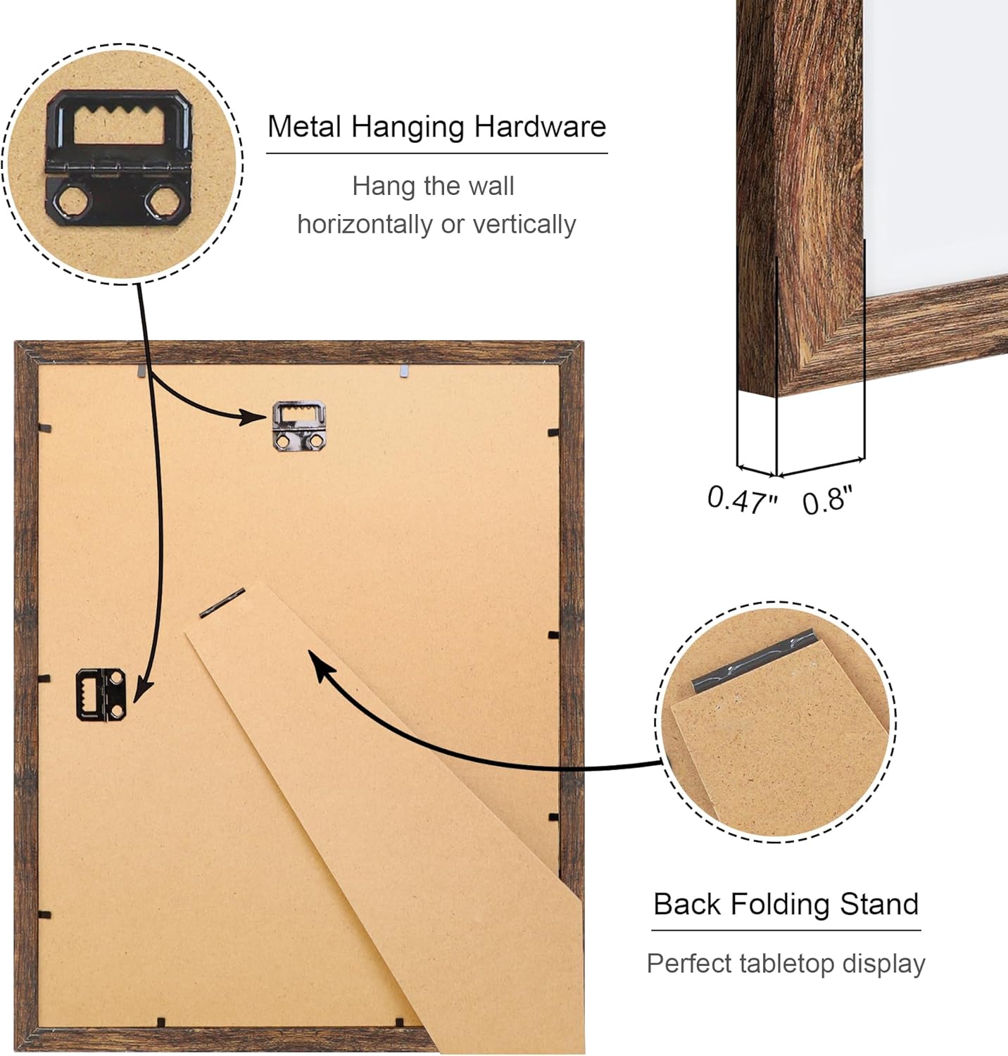 11x14 Picture Frame Set of 4, 11 x 14 Wood Photo Frames with Mat for 8x10, Natural Wooden Frame with Real Glass Cover for Wall and Tabletop Display,Rustic Brown