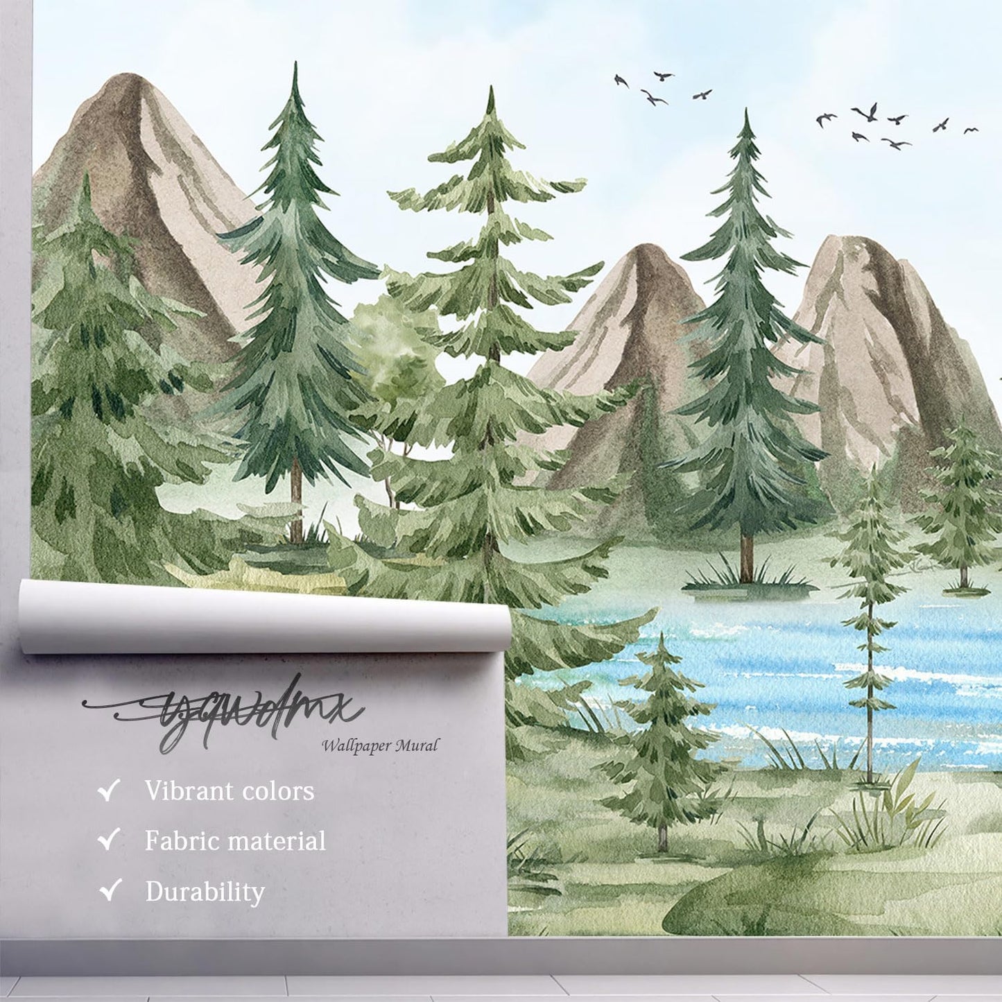 -Watercolor Green Pine Mural Cartoon Forest Fabric Wallpaper Children's Room 140" x 91"(Not Peel and Stick)