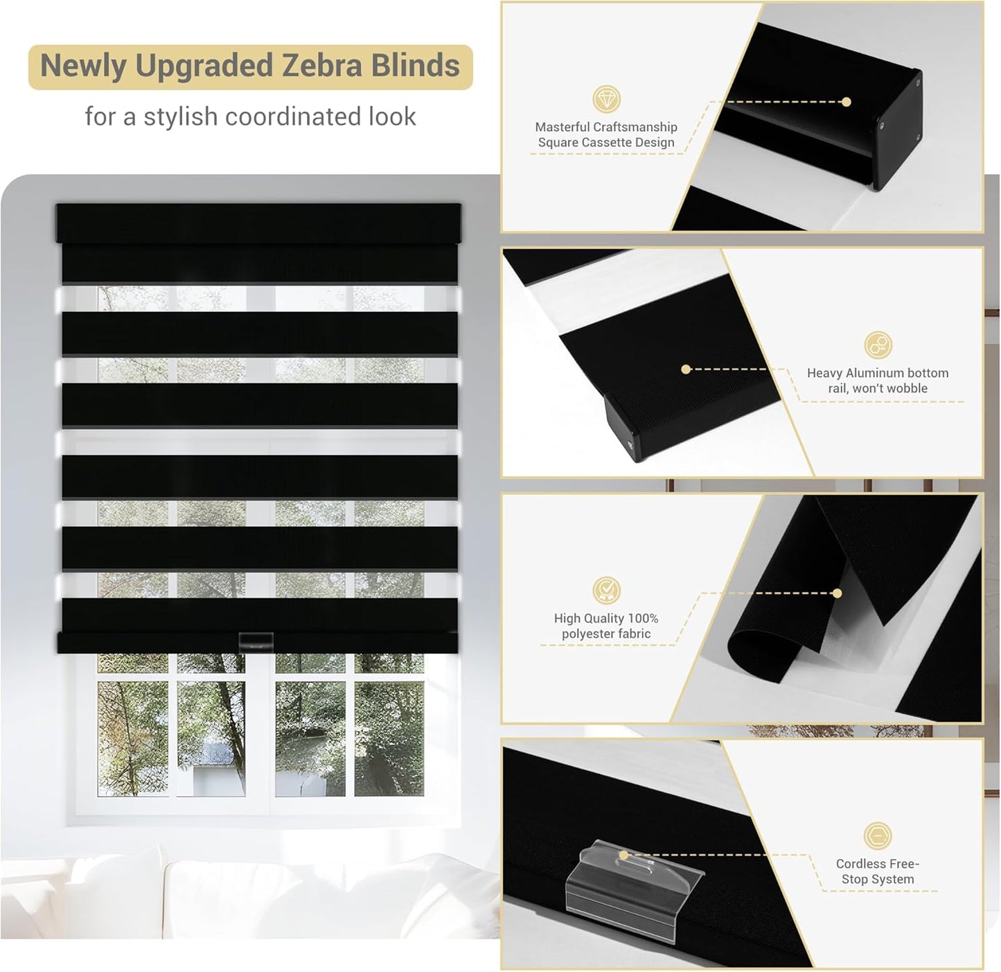 Cordless Zebra Blinds for Windows, Blackout Interior Blinds,Easy to Install,UV Protection,for Offices and Home,Custom Roller Shades, Solid Black, 78" W x 88" H