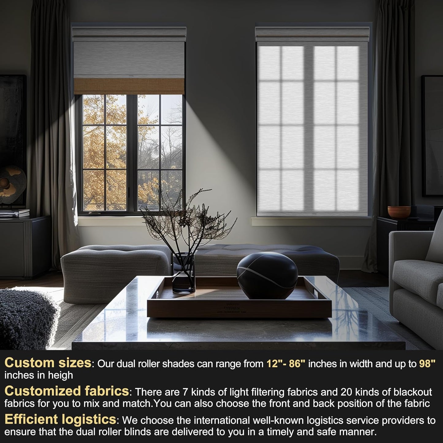 BERISSA Cordless Dual Roller Shades with Cassette Valance,Double Window Shades Blackout and Light Filtering Shades,Day and Night Roller Shades for Home Office Door.Linen Beige and White.74 W x 56" H