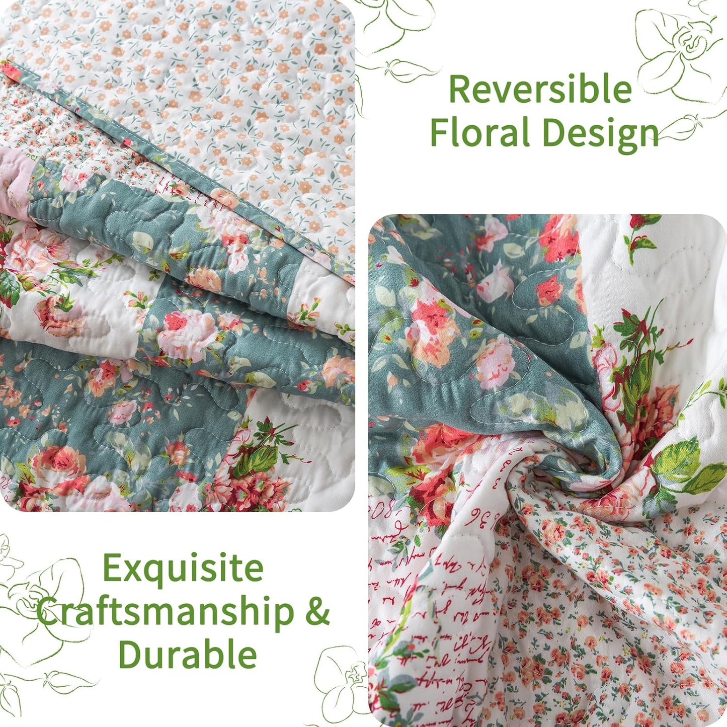 VAPUTAR Pink King Size Quilt Bedding Set - Gaeden Style King Size Bedspreads with Floral Pattern - Lightweight Farmhouse Cotton-Filled Quilts King Size for Bed Decorations, 3 Pieces
