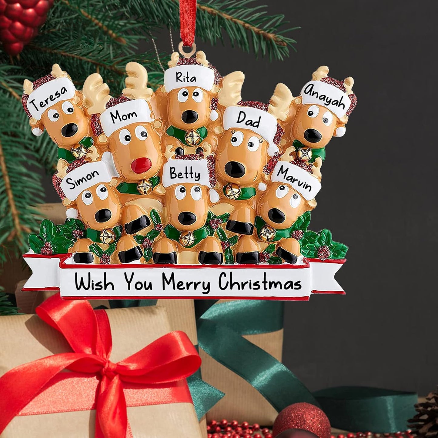 Personalized Deer Christmas Ornaments 2025 Family of 2,3,4,5,6,7,8 Custom Name Reindeer Xmas Ornament with Text,Customized Christmas Decoration Gifts - Family of 7