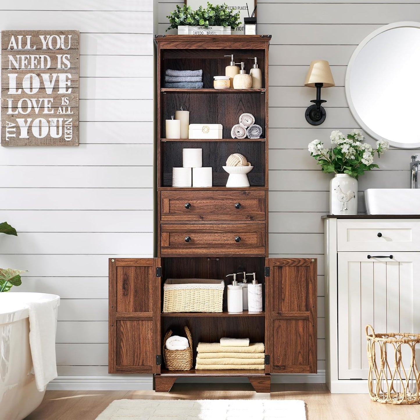 72" Tall Bathroom Storage Cabinet, Farmhouse Storage Cabinet with Adjustable Shelves, Barn Door & 2 Drawers, Cabinet for Bathroom, Living Room & Kitchen, Brown