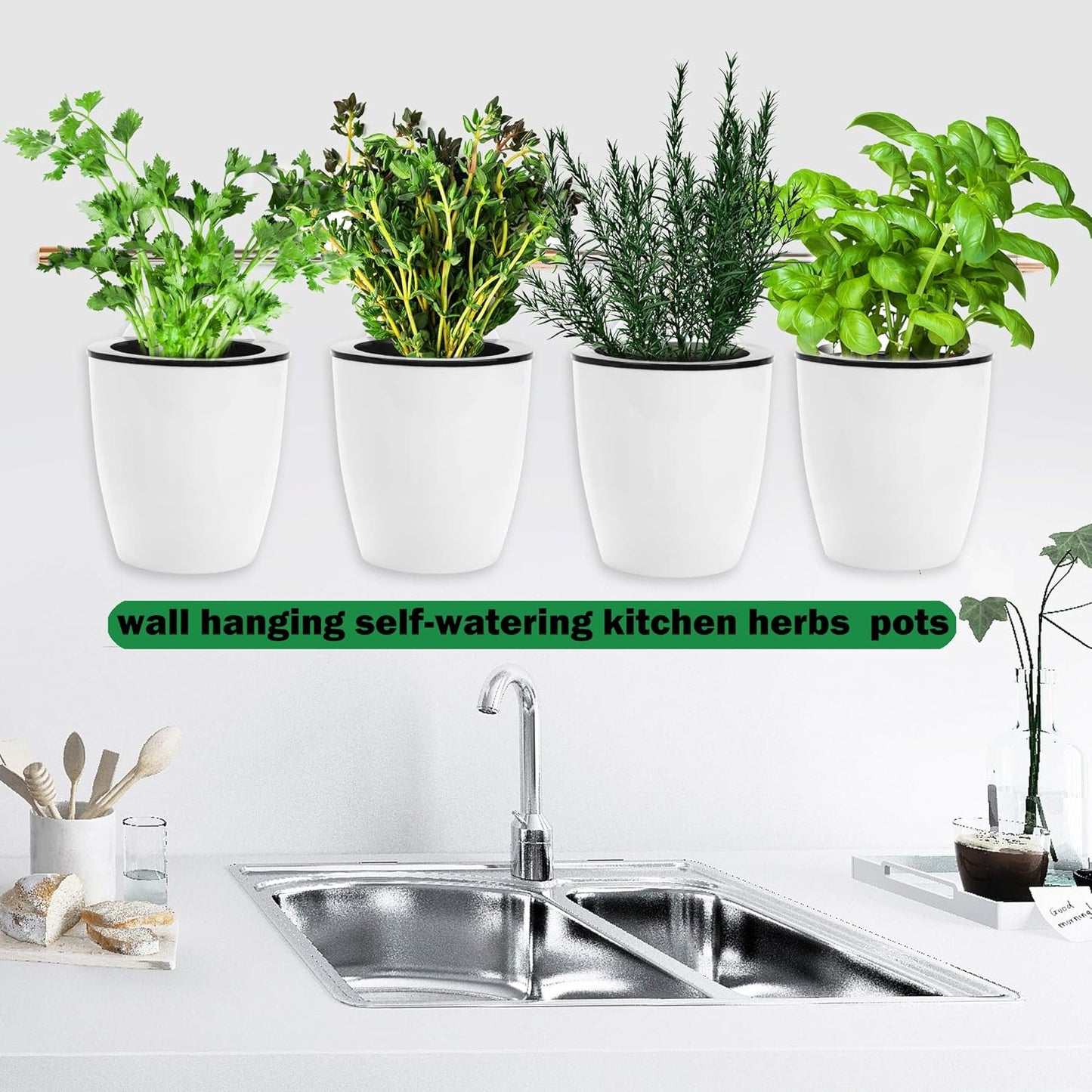 ORIMERC 6 Pack White Self Watering Wall Hanging Planter Pots Vertical Garden Window Mount Indoor Outdoor Plant Flower Basket Kitchen Herbs Balcony Railing Shelf Fence Bedroom Trellis Decor(Medium)