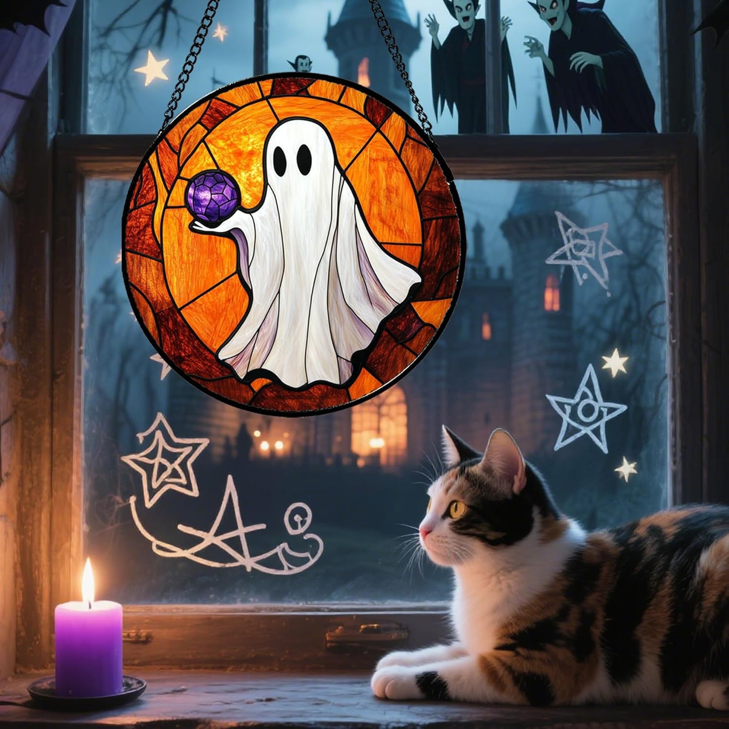 Stained Glass Window Hanging - Halloween Decorations Ghosts Vampire Suncatcher for Doors Garden Indoor Funny Spooky Sun Catchers Gothic Decor Horror Gifts for Women Men Friend 7.8 in