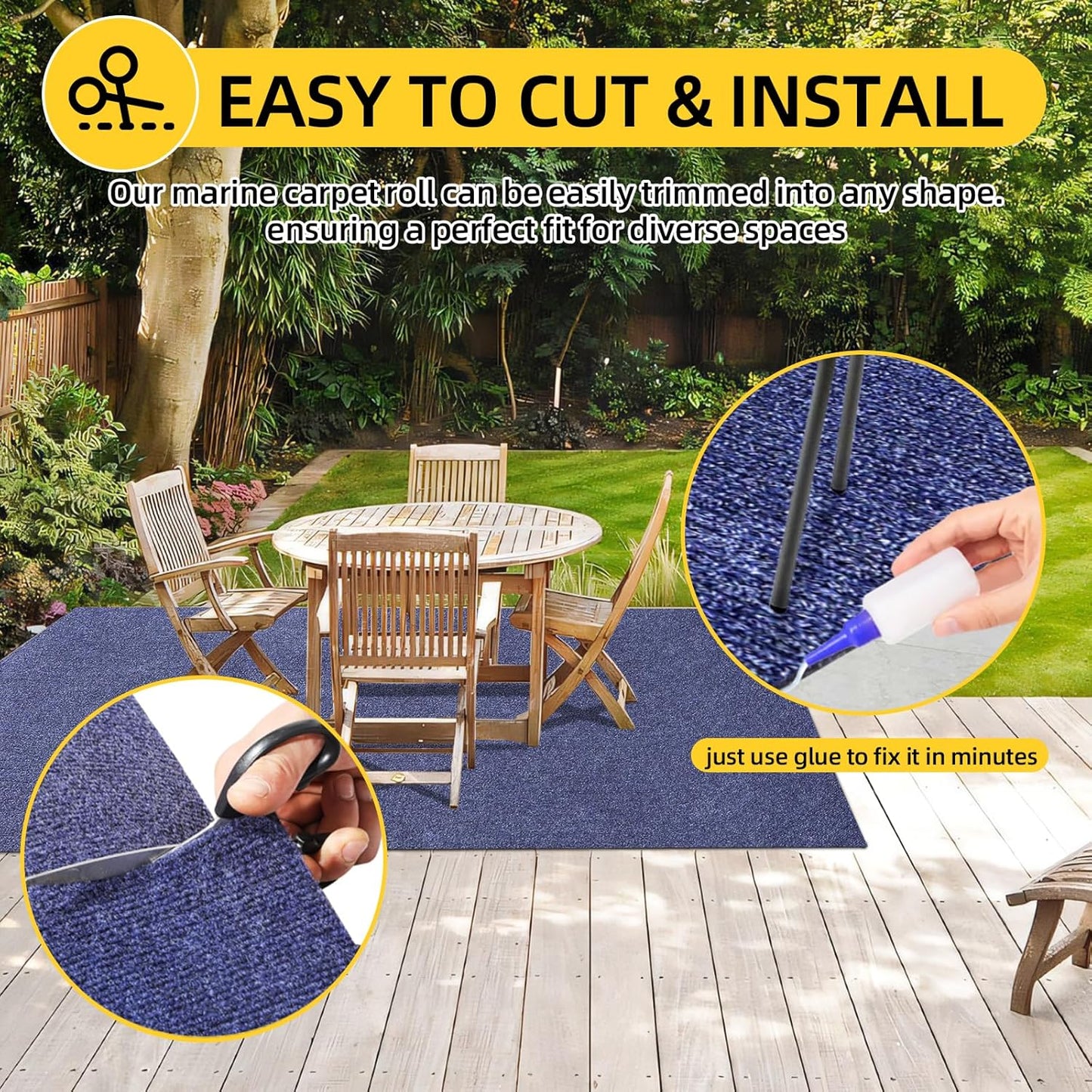 Marine Carpet,5 FT x 15 FT Deep Blue Indoor Outdoor Carpet 0.2" Thick Boat Carpet with Water-Proof TPE Backing, Non-Slide Outdoor Marine Carpet Roll for Home, Patio, Porch, Deck
