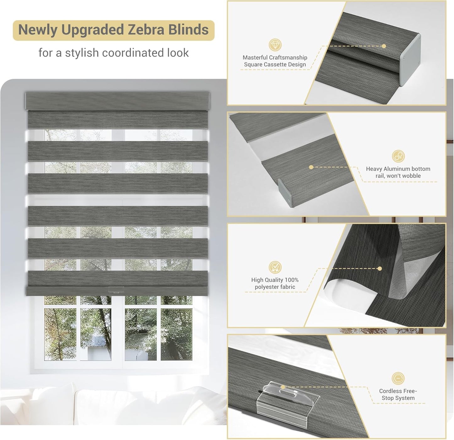 Cordless Zebra Blinds for Windows, Blackout Interior Blinds,Easy to Install,UV Protection,for Offices and Home,Custom Roller Shades, Mousse Grey,23" W x 64" H
