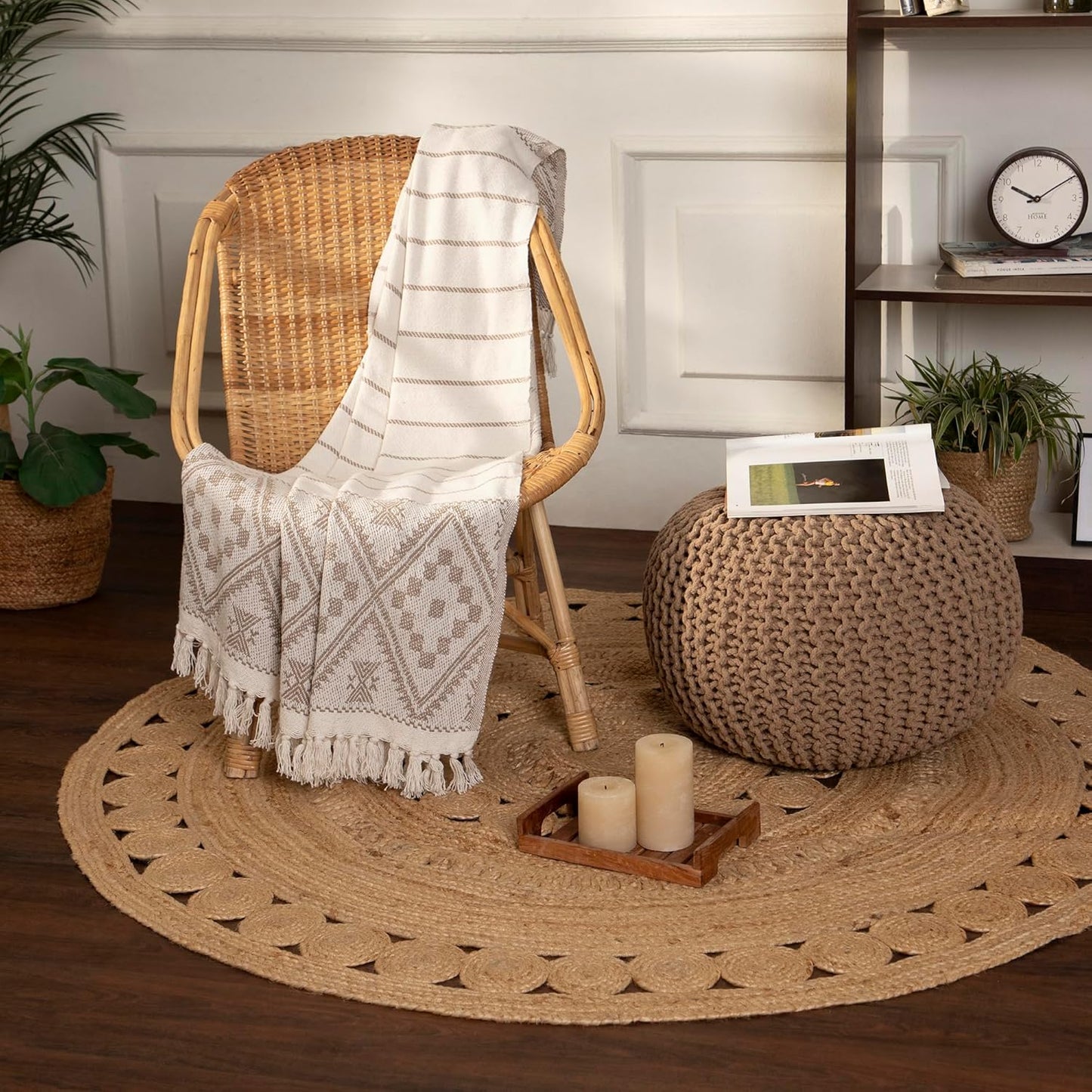 REDEARTH Round Pouf Ottoman - Hand Knitted Cable Boho Poof Home Décor Pouffe Circular Footrest for Living Room - Bedroom - Lounge - 100% Cotton (19.5"x19.5"x14") - Beige