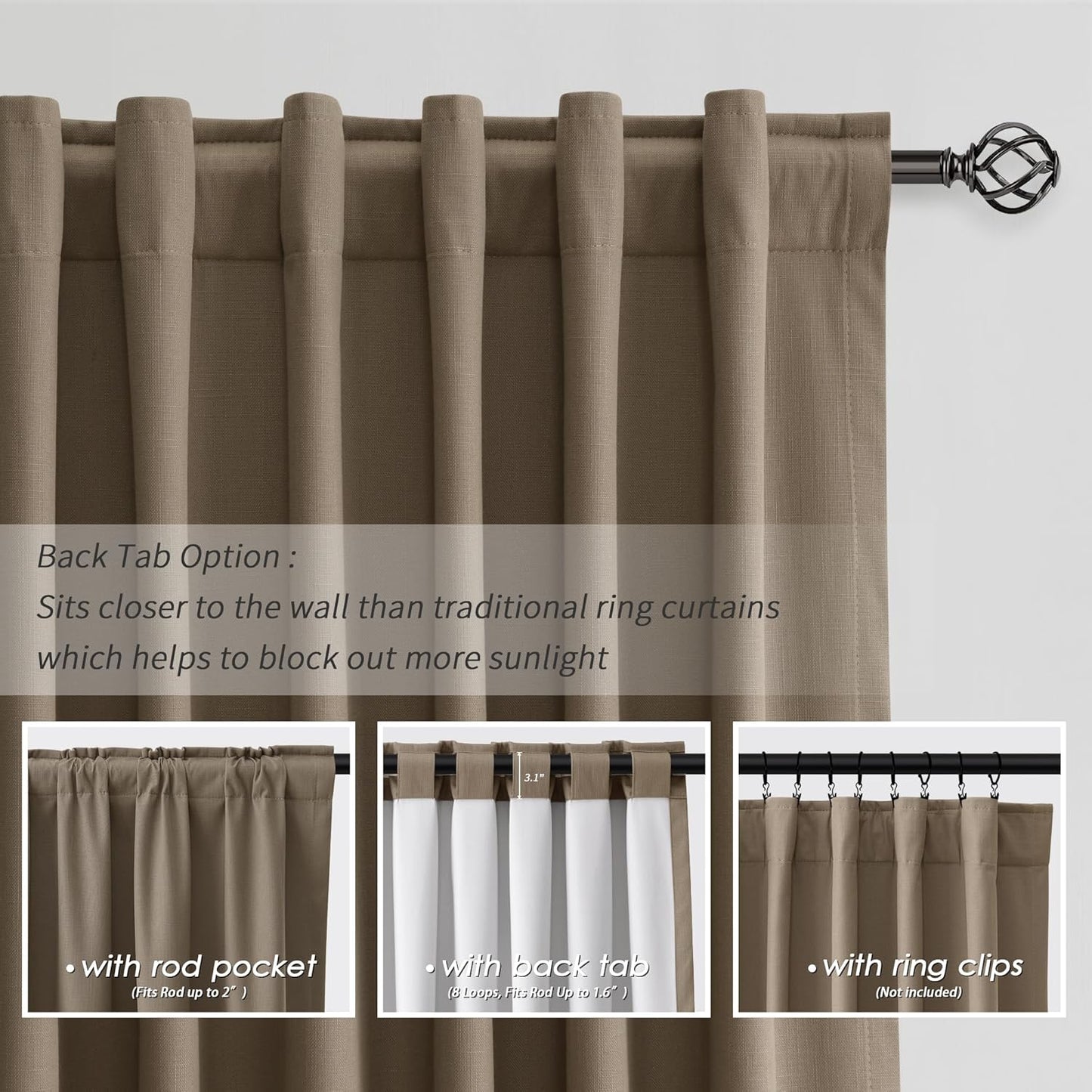 BOODII 63 Inch Blackout Curtains Linen Black Out Curtains for Bedroom 2 Panels Set Neutral Room Darkening Curtain Dark Brown Thermal Insulated Curtain for Nursery Window Drapes Back Tab 52x63