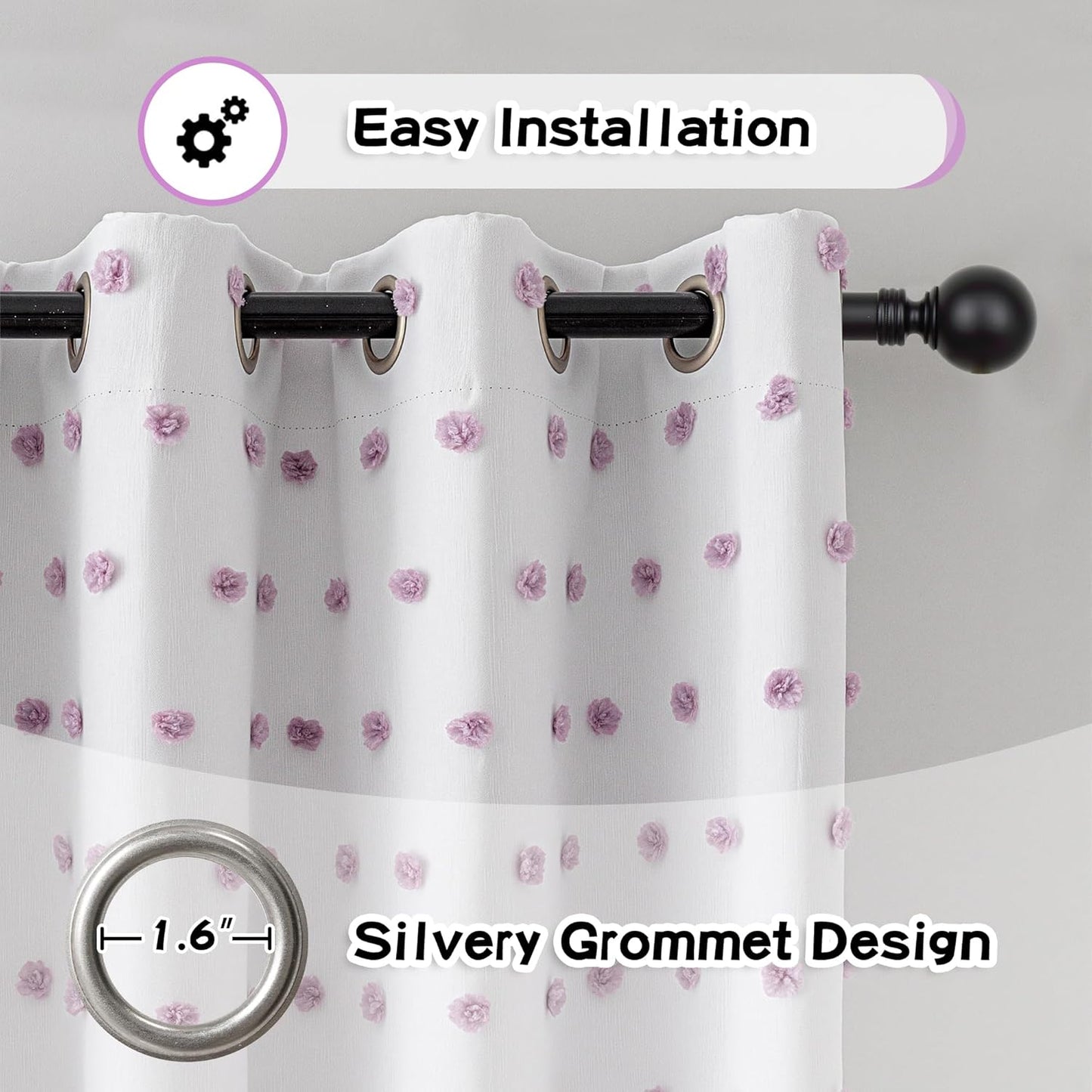 MYSKY HOME Total Blackout Curtains for Girls Bedroom with Purple Pom Pom Sheer 90 Inch Long 100% Light Blocking Curtains for Living Room 2 Panels Room Darkening Grommet Double Layer Drapes 52" x 90"