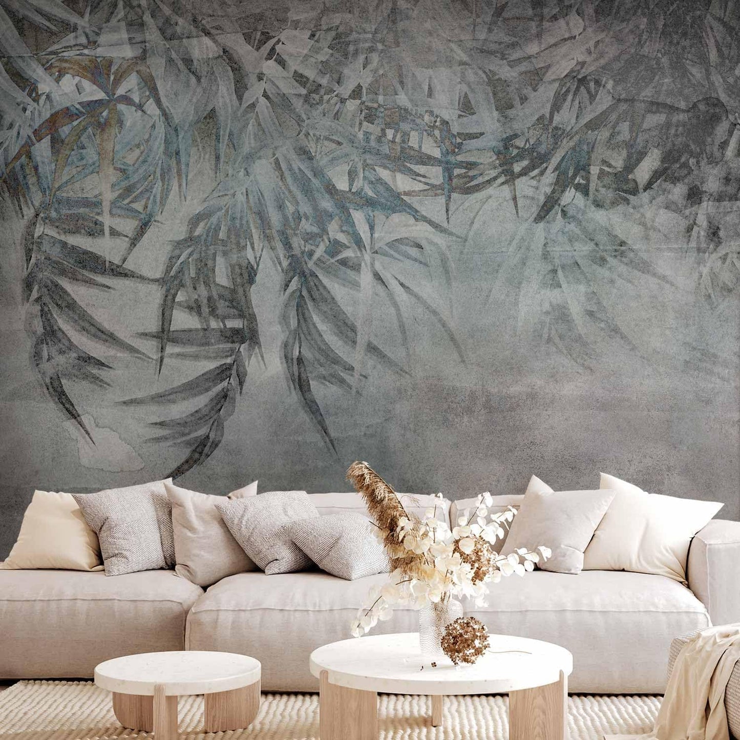 artgeist Premium Wall Mural Leaves 98x69 in - XXL Non-Woven Wallpaper Fleece Wall Decor Photo Print Picture Image Design Palm Leaves Concrete Nature Grey b-C-10103-a-a