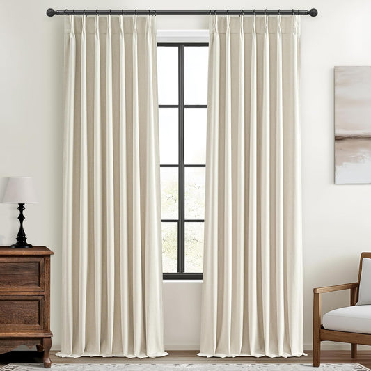 Pinch Pleat Cream Linen 102 Inch Long Curtains for Dining Room 2 Panels Set, Neutral Blackout Viral Curtain with Hooks Rings Back Tab for Office/Sunroom Privacy Thermal Drapes 40" W x 102" L