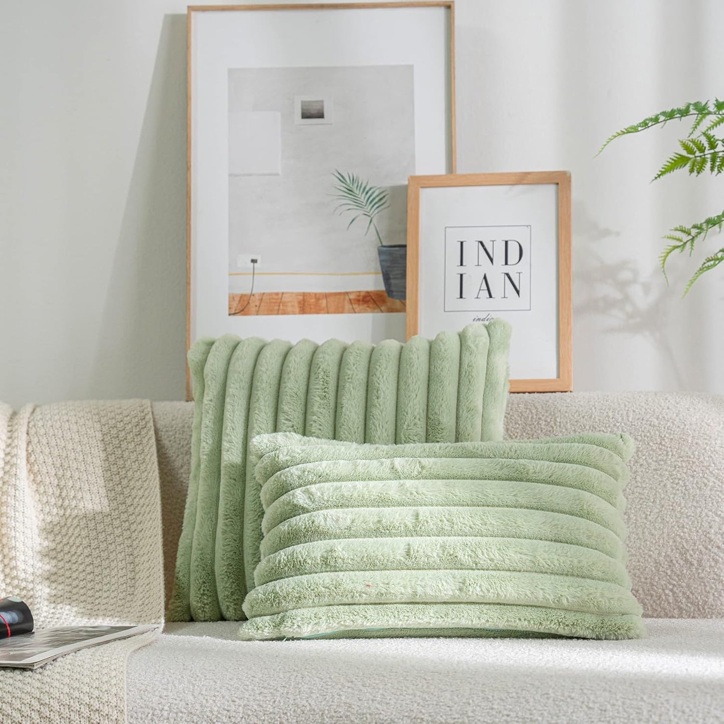 DEELAND Pack of 2,Double-Sided Faux Fur Plush Decorative Throw Pillow Covers Fuzzy Striped Soft Pillowcase Cushion Covers for Sofa Couch Bedroom Green 12x20 inch