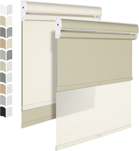 BERISSA Cordless Dual Roller Shades with Cassette,Valance,Bout and Light Filtering,Day and Night Roller Shades for Home,Office,Door.Striped Jacquard Beige.74 W x 36 H