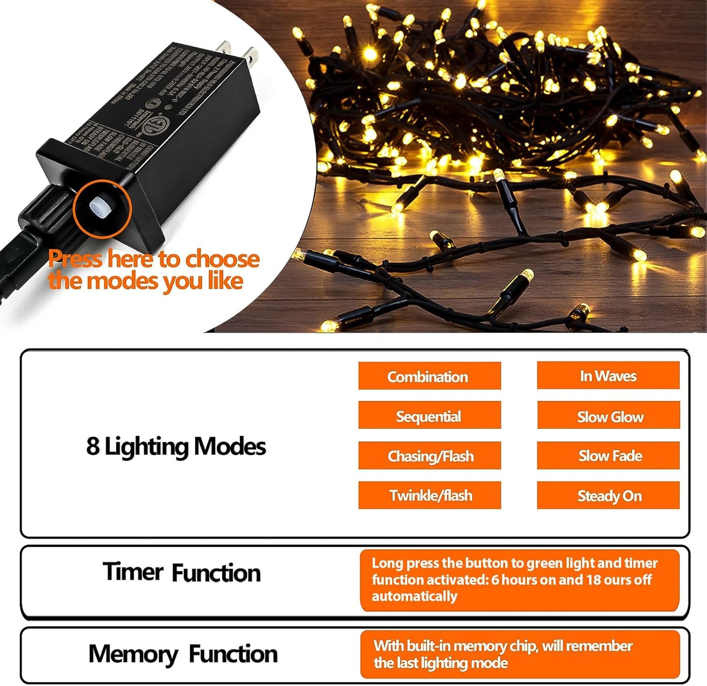 33 FT 100 LED Christmas String Lights Indoor Outdoor, Memory Function & Timer & 8 Modes, UL Certified, Linkable Green Wire Waterproof Twinkle Light for Christmas Tree Party Garden Decor (Warm White)