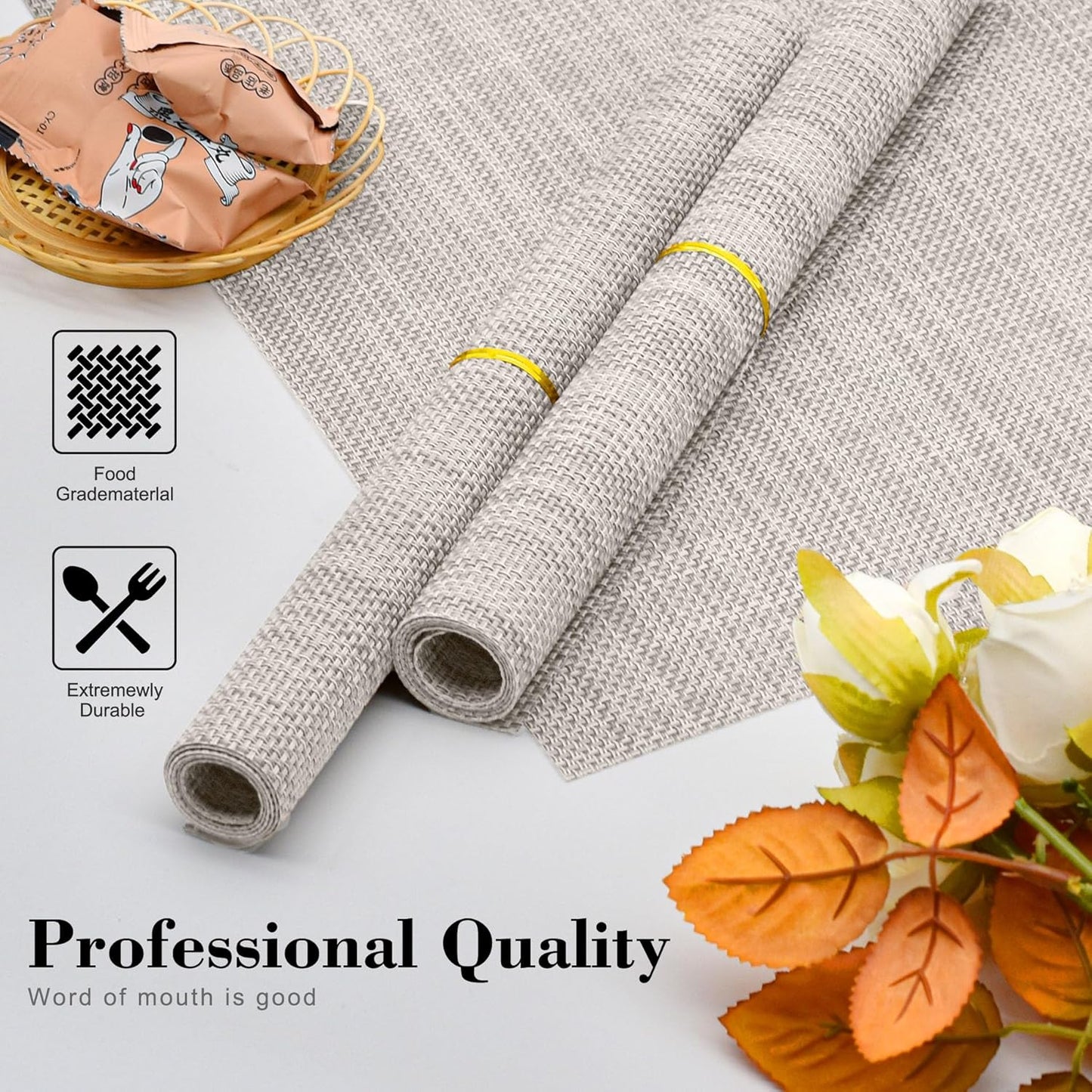 CADONO Placemats Set of 4 Washable Indoor/Outdoor Vinyl Place Mats for Dining Table Durable Non-Slip Heat Resistant PVC Weave Table Mats（Beige）
