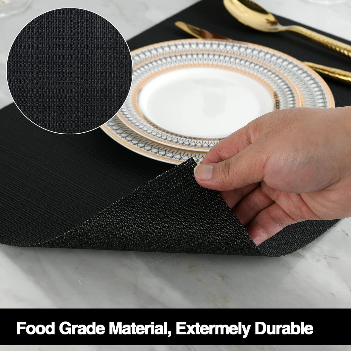 Black Placemats Set of 6 - Easy Clean Washable Vinyl Placemats - Wipeable Heat Proof Table Mats for Dining Table - 17x12 Inch (Pure Black, 6)