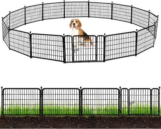 ADAVIN 24 in(H) Garden Fence with Gate, 14 Panels Heavy Duty Iron Metal Animal Barrier Fence, Camping Fence, Garden Fences and Borders for Dogs,Total 34.5 Ft(L), Black