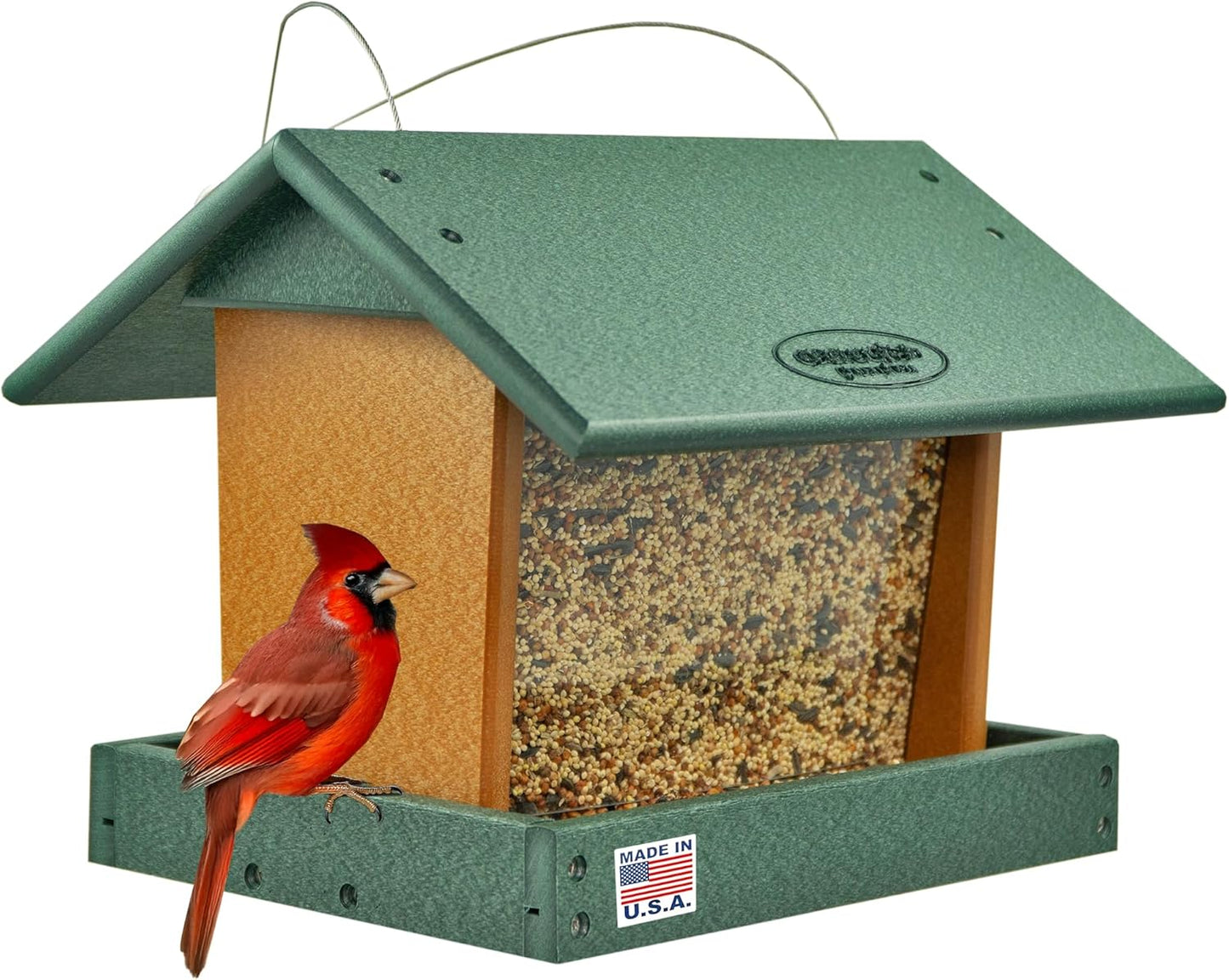 Poly Hanging Hopper Bird Feeder, Large Hanging Bird Feeder for Outside, Outdoors - Amish American Made (Turf Green & Cedar)