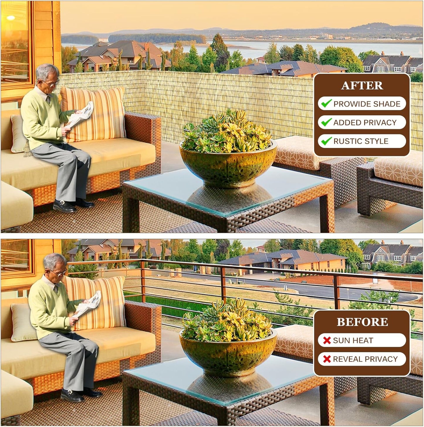 Natural Reed Fencing Rolls: Privacy Bamboo Fence 3/4/5/6ft High Roll Reed Screen, Decorative Bamboo Fencing for Outdoor Balcony Patio Garden Backyard,with Cable Zip Ties(Nature, 6x16.4ft)