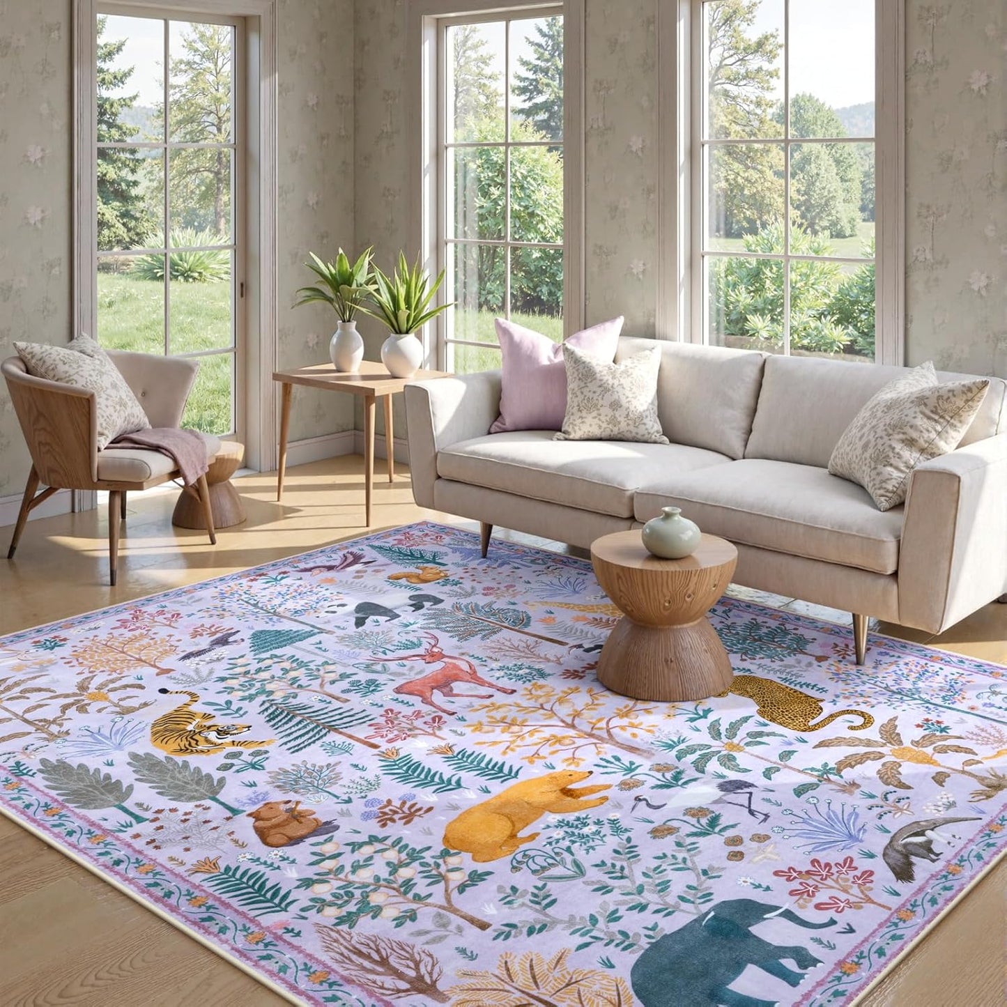 OJIA Animal Washable Area Rug 8x10, Boho Rugs for Living Room Playroom 8 x 10 Kids Bedroom Rugs, Non-Slip Ultra-Thin Indoor Large Floor Carpet for Dining Room Nursery Farmhouse