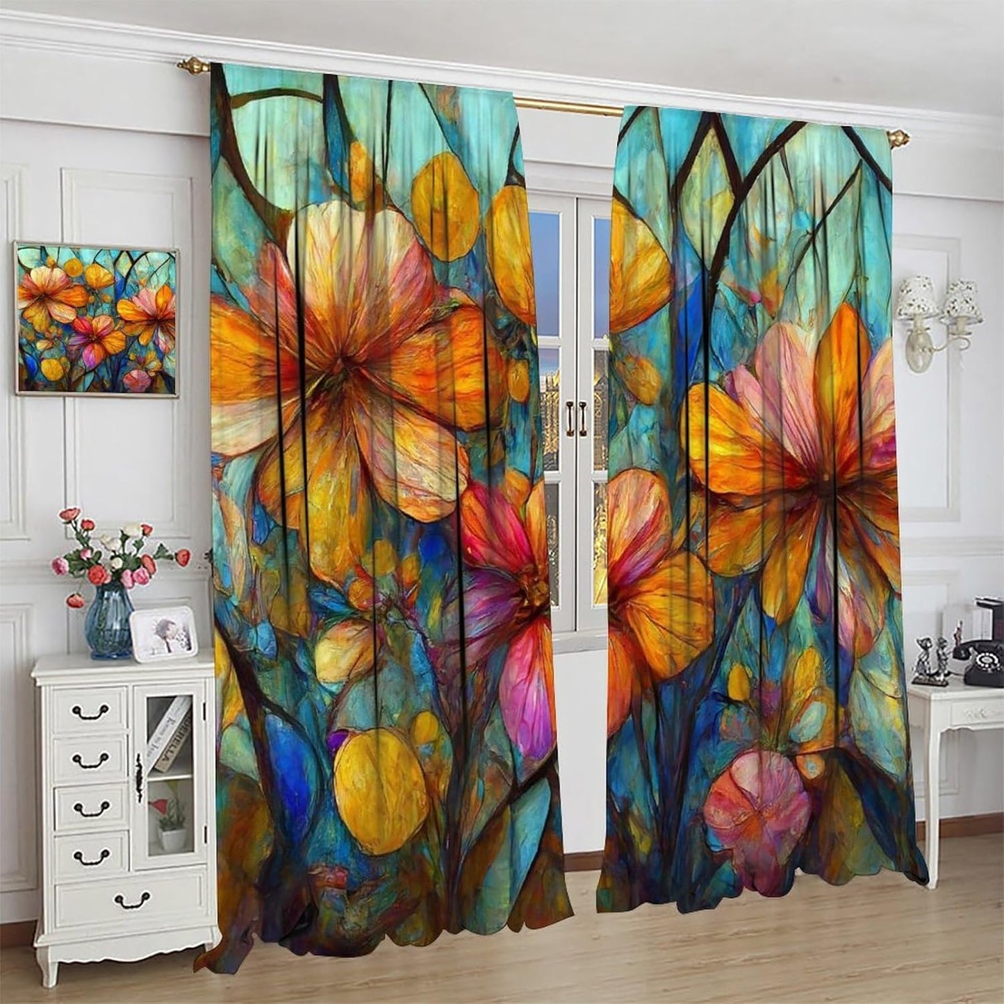 Stained Glass Curtains,Magic Forest Colorful Flowers Abstract Art Home Decor Drapes for Bedroom Living Room Kitchen Window Treatment 2 Panels Set Total Size 72" W X 63" L Inch