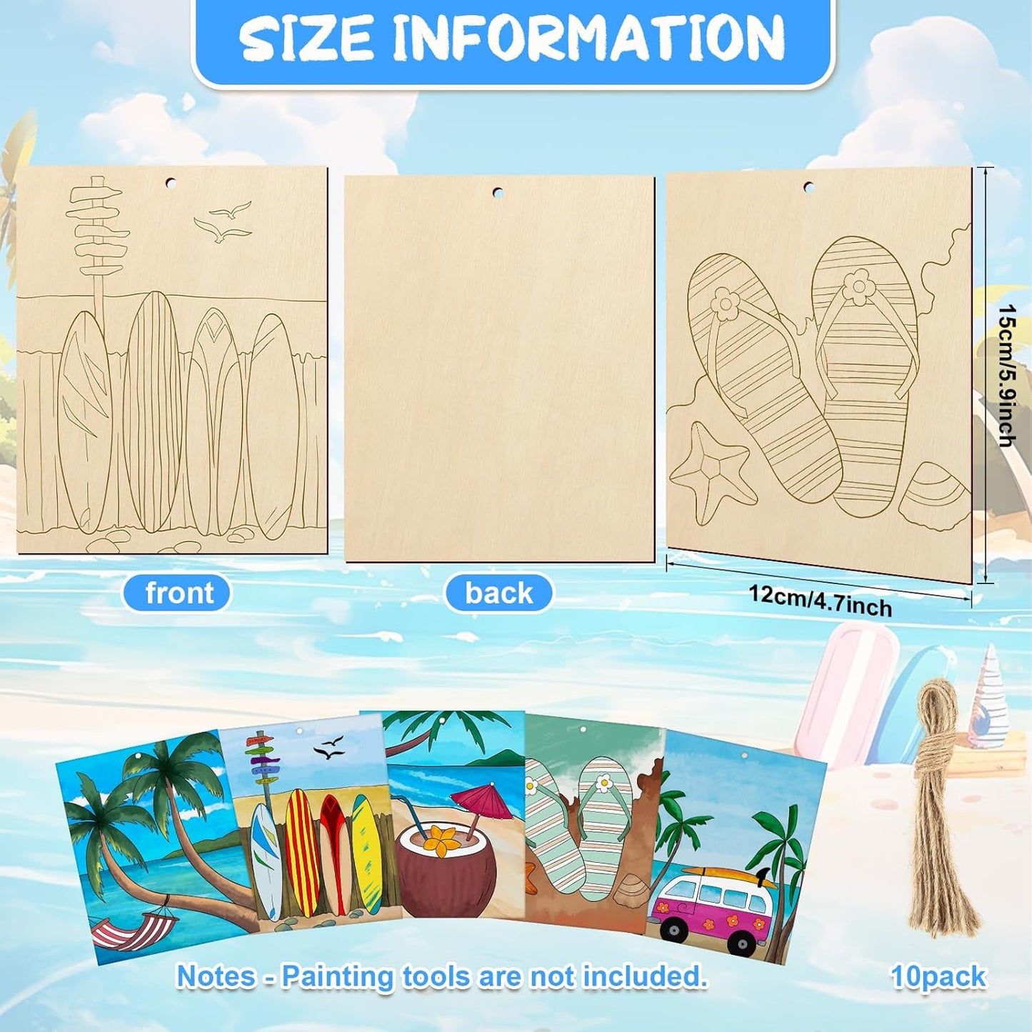 COCHIE 10 Pieces Large Summer Unfinished Wood Crafts to Paint for Adults and Kids, Bulk Predrilled Wooden Ornaments for Painting, Beach Paintable Wood Slices Craft Supplies with Ropes