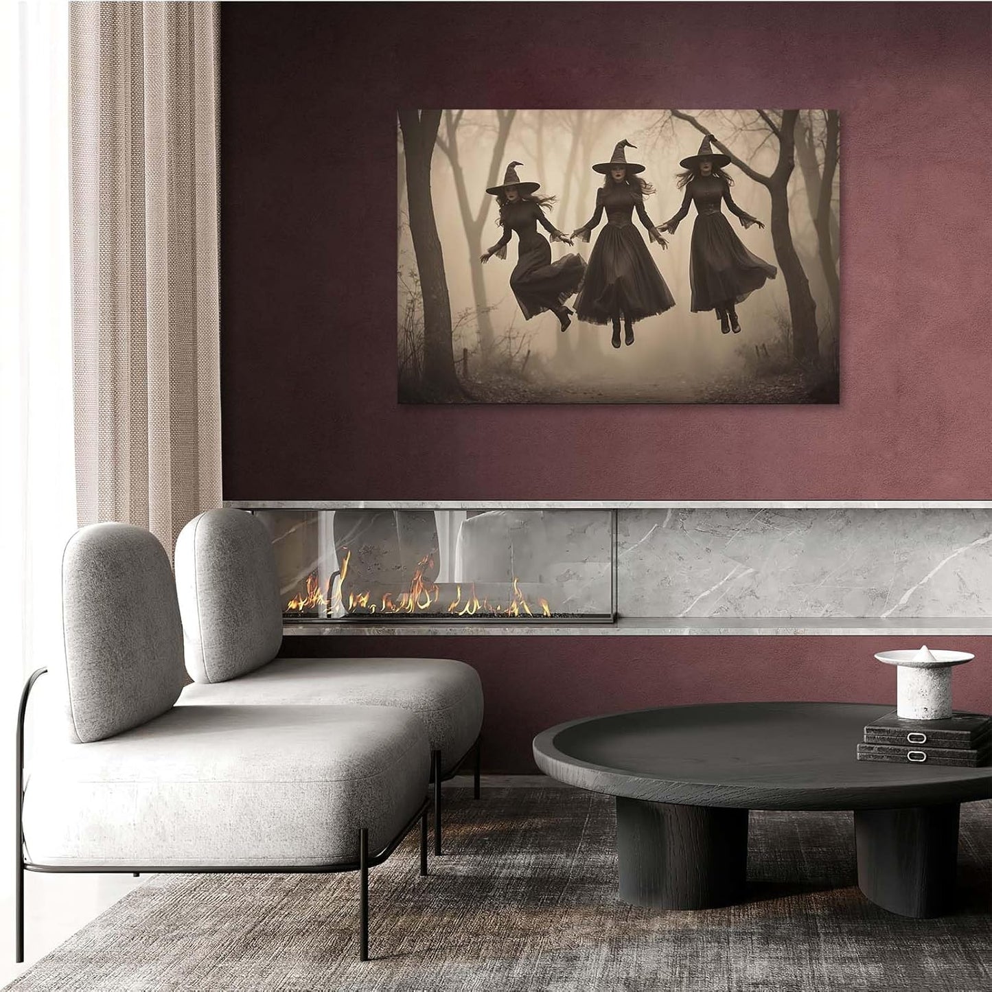 Three ghost witches flying in vintage forest gothic wall art witchcraft decoration holiday gift canvas wall art print20x30in Wood Framed