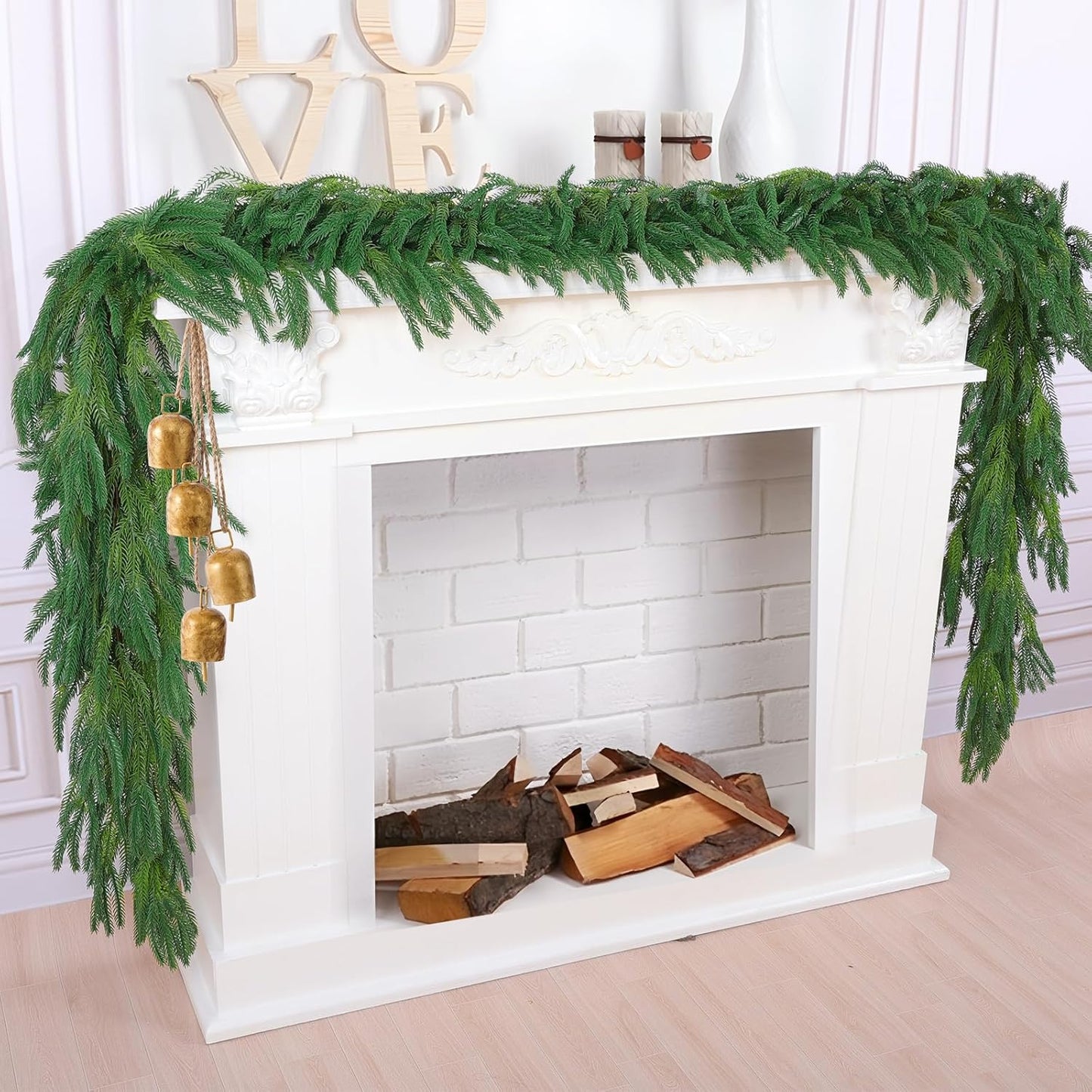 Hananona 9 Ft 2 Pcs Artificial Norfolk Pine Garlands, Realistic Pine Garland, Green Artificial Greenery Garland for Table, Mantle, Wall, Indoor, Outdoor Winter Christmas Decorations (2, 9 FT)