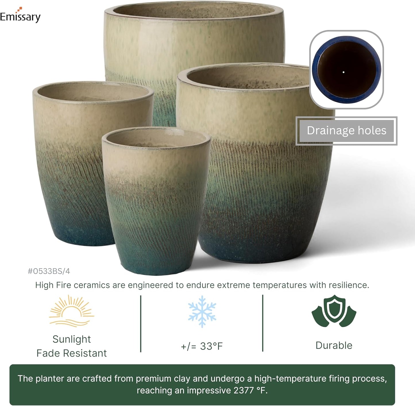 Emissary Home and Garden Bullet 11.5 in. Bayside Green Ceramic Round Planter (11.5 in. L x 11.5 in. W x 14 in. H) with Drainage Hole