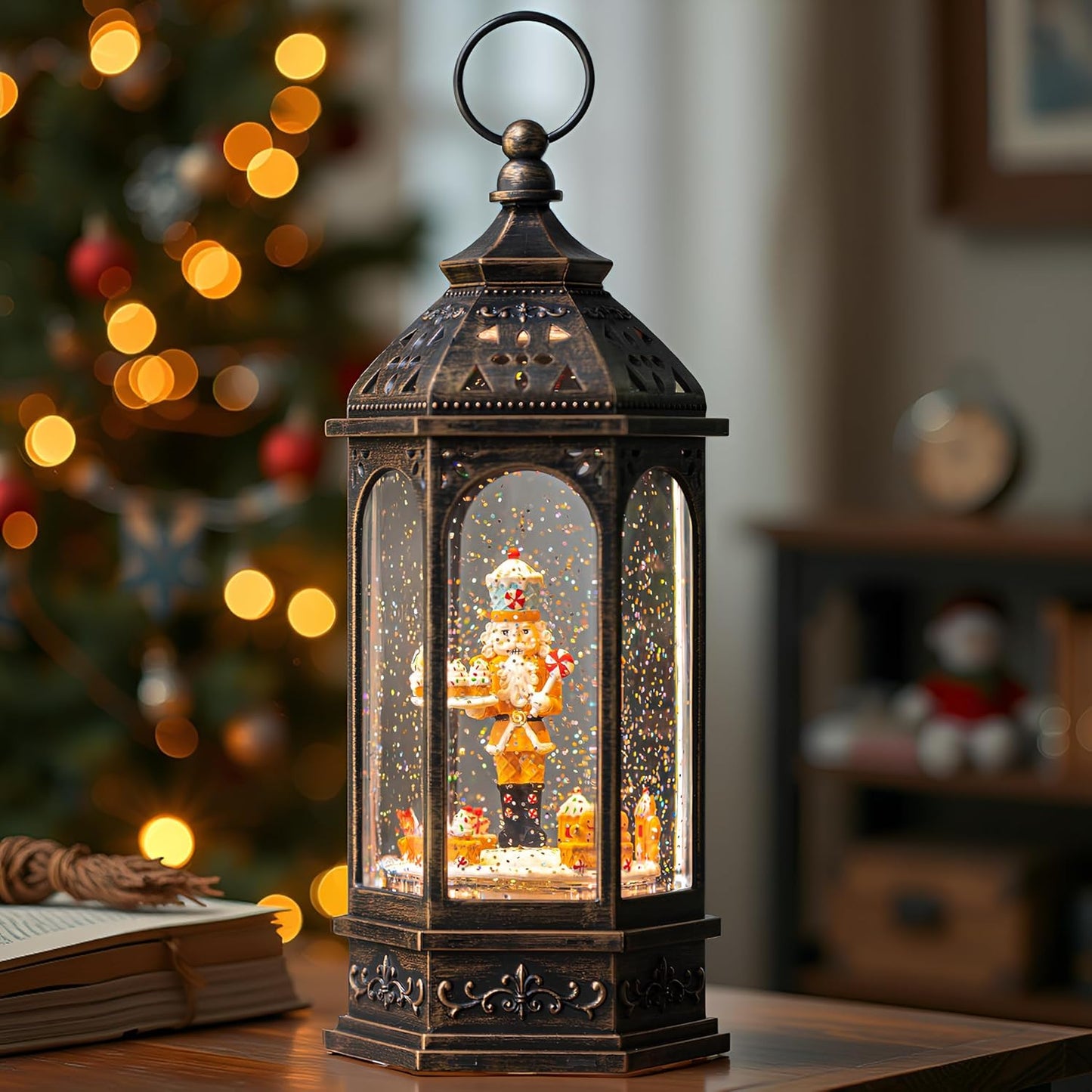 Animated Gingerbread Nutcracker with Moving Figurines Lighted Water Lantern, USB Lined/Battery Operated Snow Globe for Christmas Festival Decoration Gifts