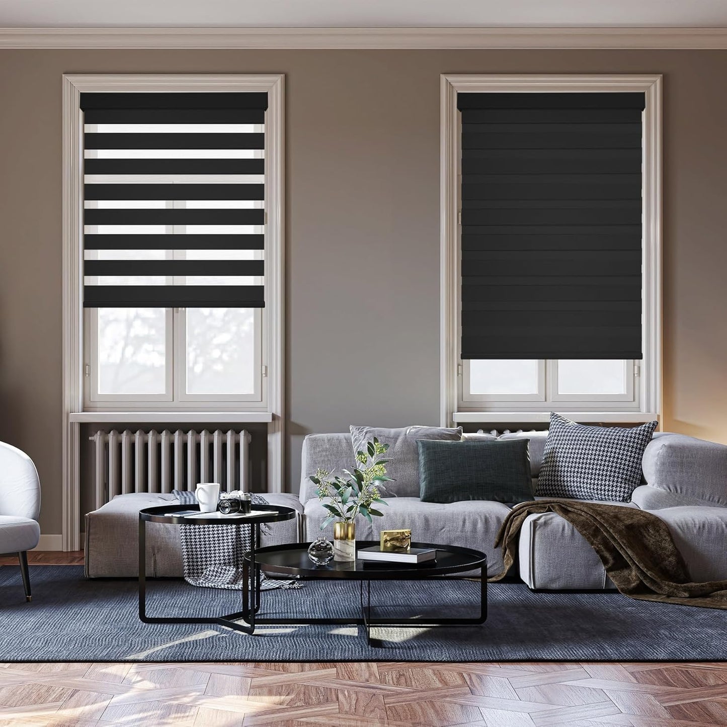 HESTIA Cordless Zebra Blinds Light Filtering Roller Shades UV Blocking Blackout Privacy Indoor Window Shades for Home Office Day and Night, Black,43" W x 48" H