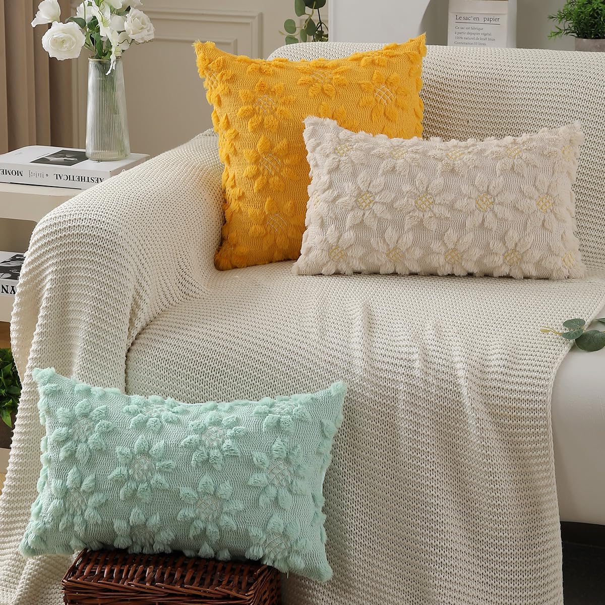DFXSZ Spring Summer Pillow Covers 12x20 inch Set of 2 Farmhouse Decor Yellow Flower Heart Sunflower Beige Soft Plush Faux Fur Jacquard Throw Pillows for Sofa Holiday Spring Home Decor PTK024E12