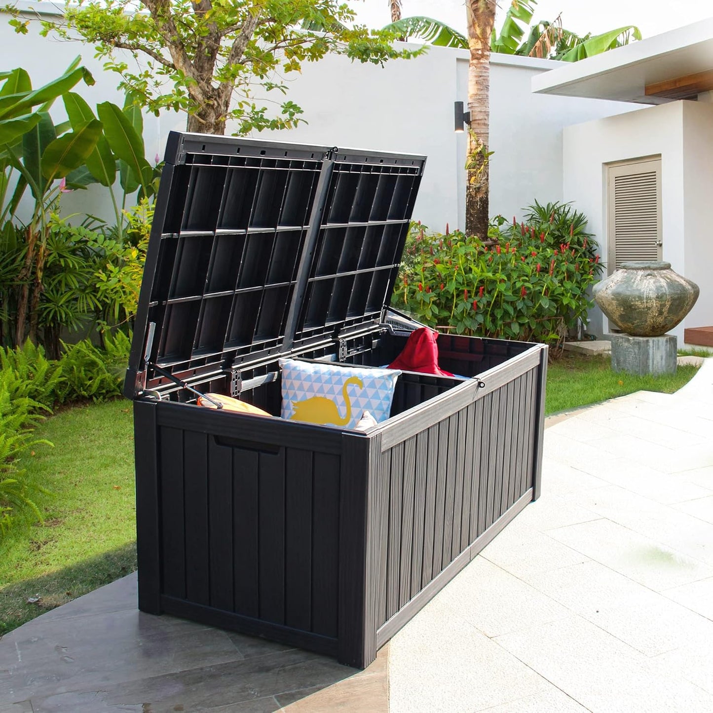 YITAHOME 150 Gallon Large Deck Box w/Divider, XL Waterproof Outdoor Storage for Patio Furniture,Outdoor Cushions, Garden Tools, Sports Equipment and Pool Supplies, Resin, Lockable, Black