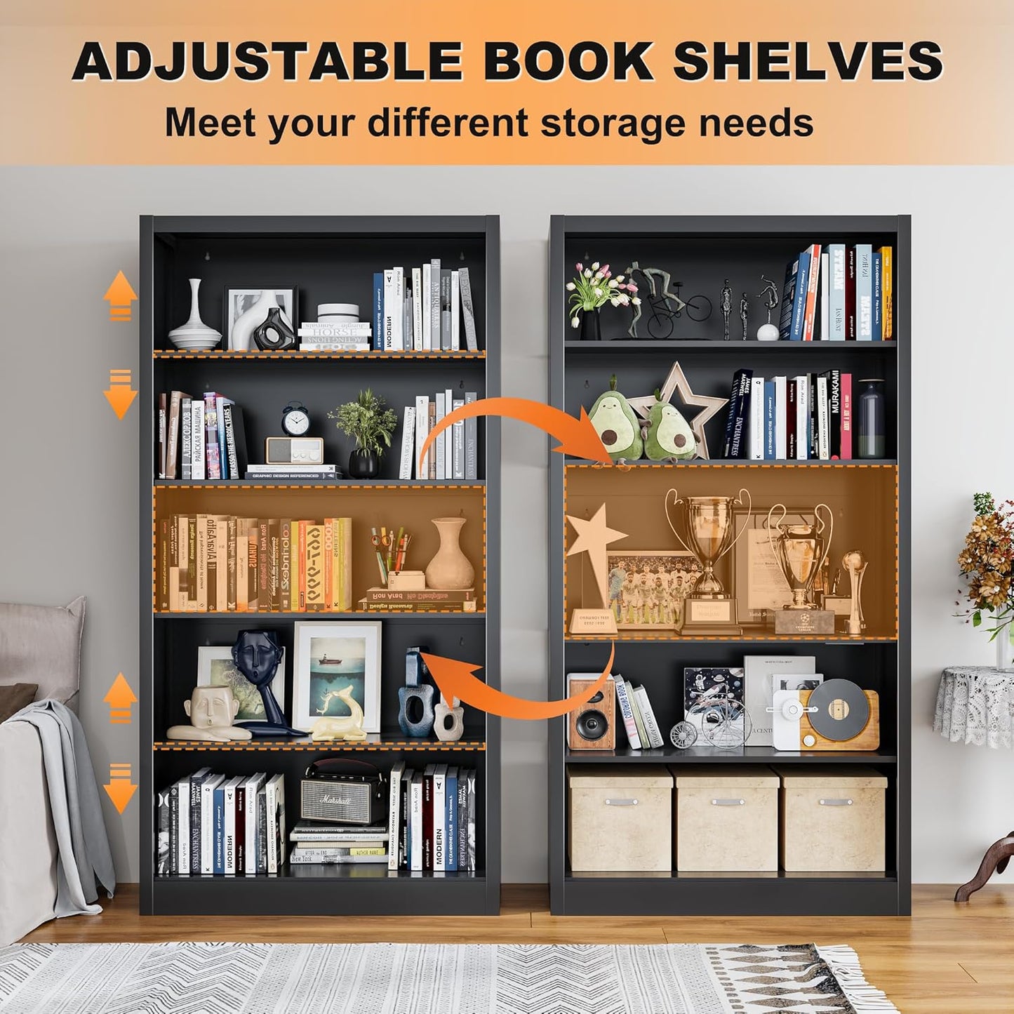 Black Bookshelf, 55” Adjustable Tall Metal Bookshelf, 5-Tier Toy Storage Organizer with Anti-Tilt Device, Modern Book Cases and Book Shelves for Bedroom, Playroom, Classroom, Study