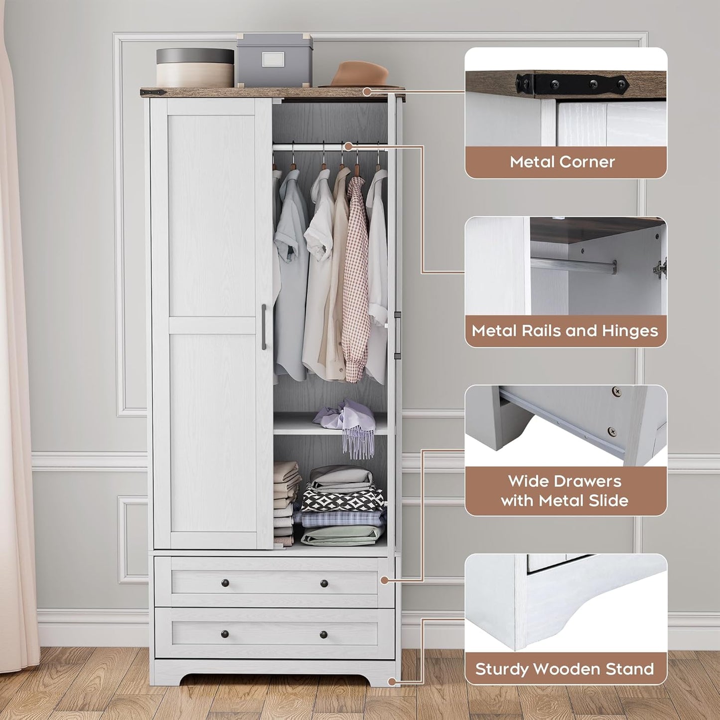 Brafab Armoire Wardrobe Closet with 2 Modern Doors, 71" Tall Freestanding Closet Wardrobe Cabinet with Drawers and Hanging Rail, Light Wooden Storage Cabinet with Shelve for Bedroom (White, 2 Doors)