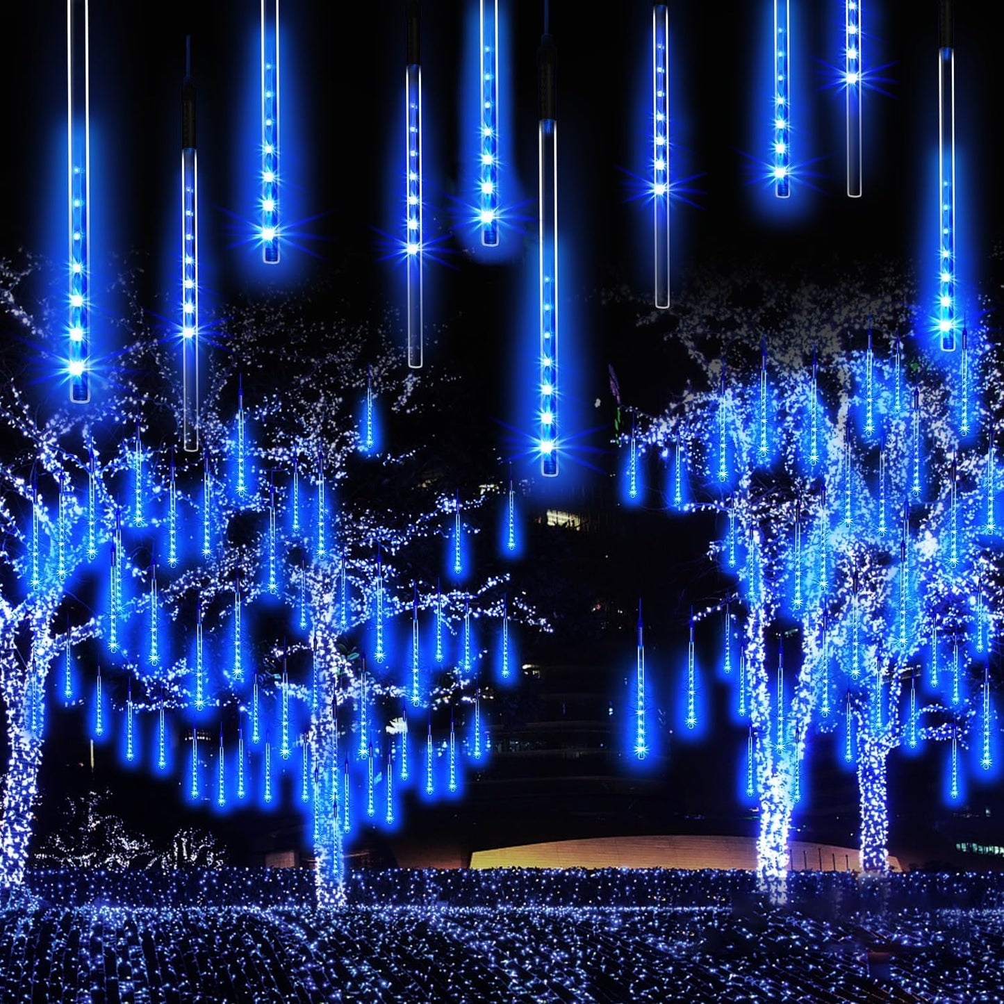 【4 Pack】 JJGoo Christmas Lights Meteor Shower Rain Lights 20inch, Totally 40 Tube 1440 LEDs Icicle Lights Outdoor Raindrop Lights for Xmas Halloween Wedding Party Tree Holiday Decoration, Blue