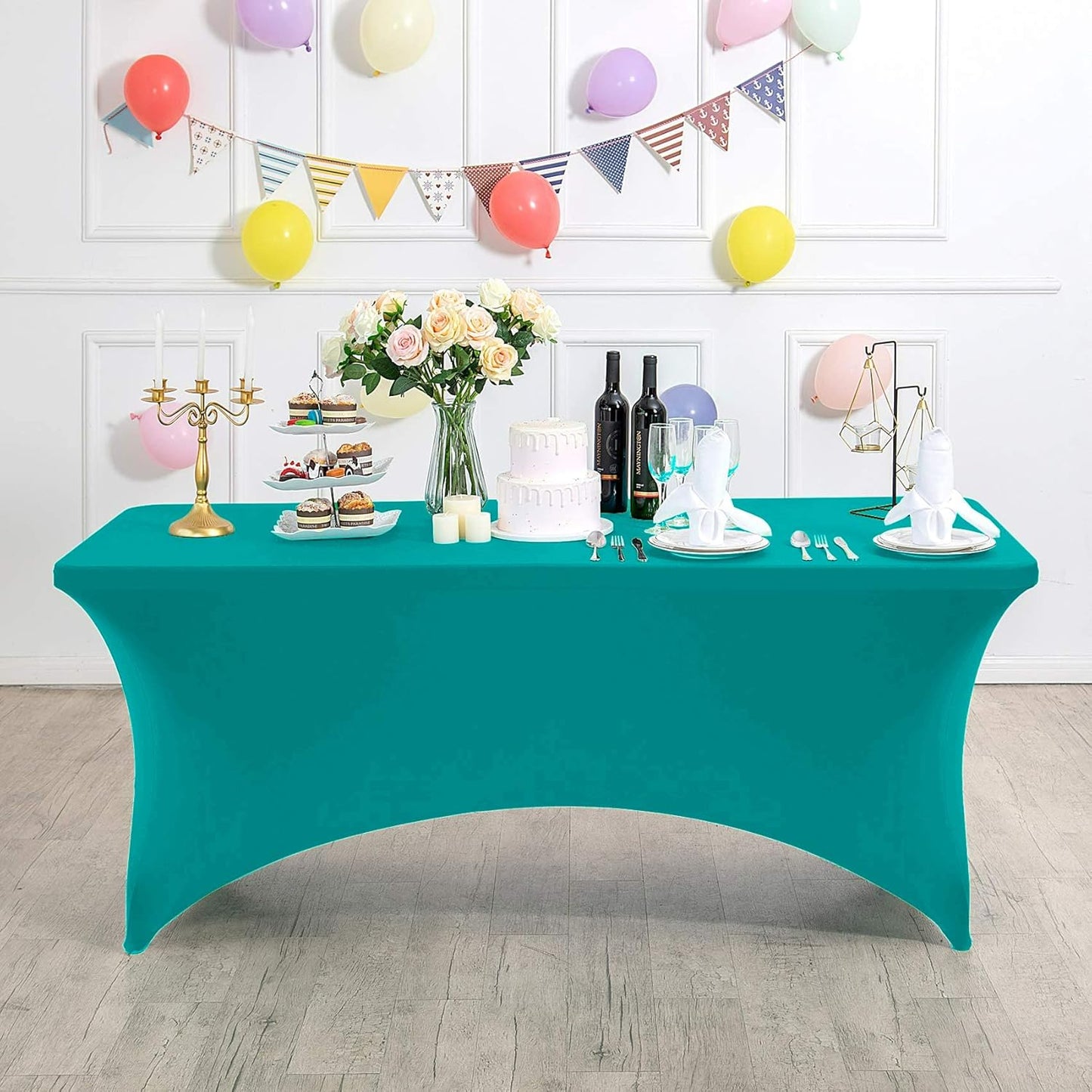 2Pack Spandex Table Cover for 4FT or 6ft or 9ft Table Universal Fitted Stretch Tablecloth for Party, Banquet, Wedding and Events-Turquoise