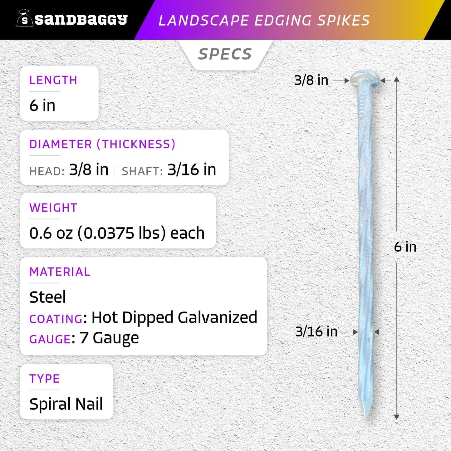 Sandbaggy 6 inch Galvanized Landscape Edging Spikes - Spiral Landscape Nails - 7 Gauge Steel - Great For Hard Rocky Soil - Also Great For Paver Edging, Artificial Turf, Landscape Fabric (1000, 6 inch)