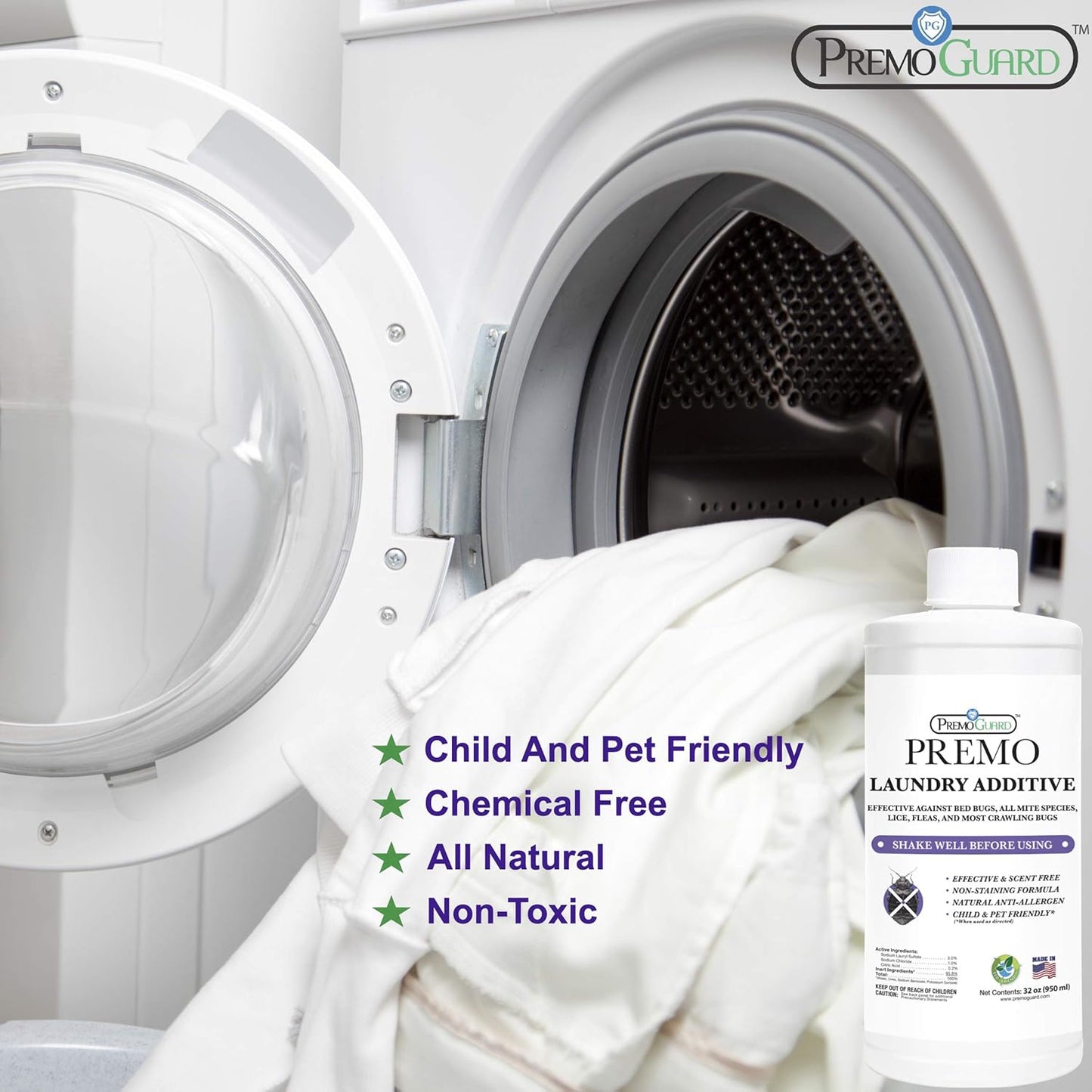 Premo Guard Bed Bug & Mite Laundry Detergent Additive 32 oz – Child & Pet Friendly – Stain & Odor Free – Best Natural Non-Toxin Treatment