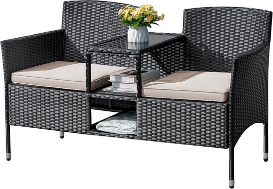 Flamaker Outdoor Furniture Patio Loveseat Wicker 2-Seat with Built-in Table and Cushions Rattan Porch Chairs Bench for Balcony, Lawn, Backyard (Beige)