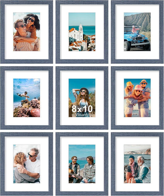 Vittanly 8x10 Picture Frames Set of 9, Shatter Resistant Plexiglass, Display 5x7 Pictures with Mat or 8x10 without Mat, Photo Frames for Wall or Tabletop, Engineered Wood, Navy