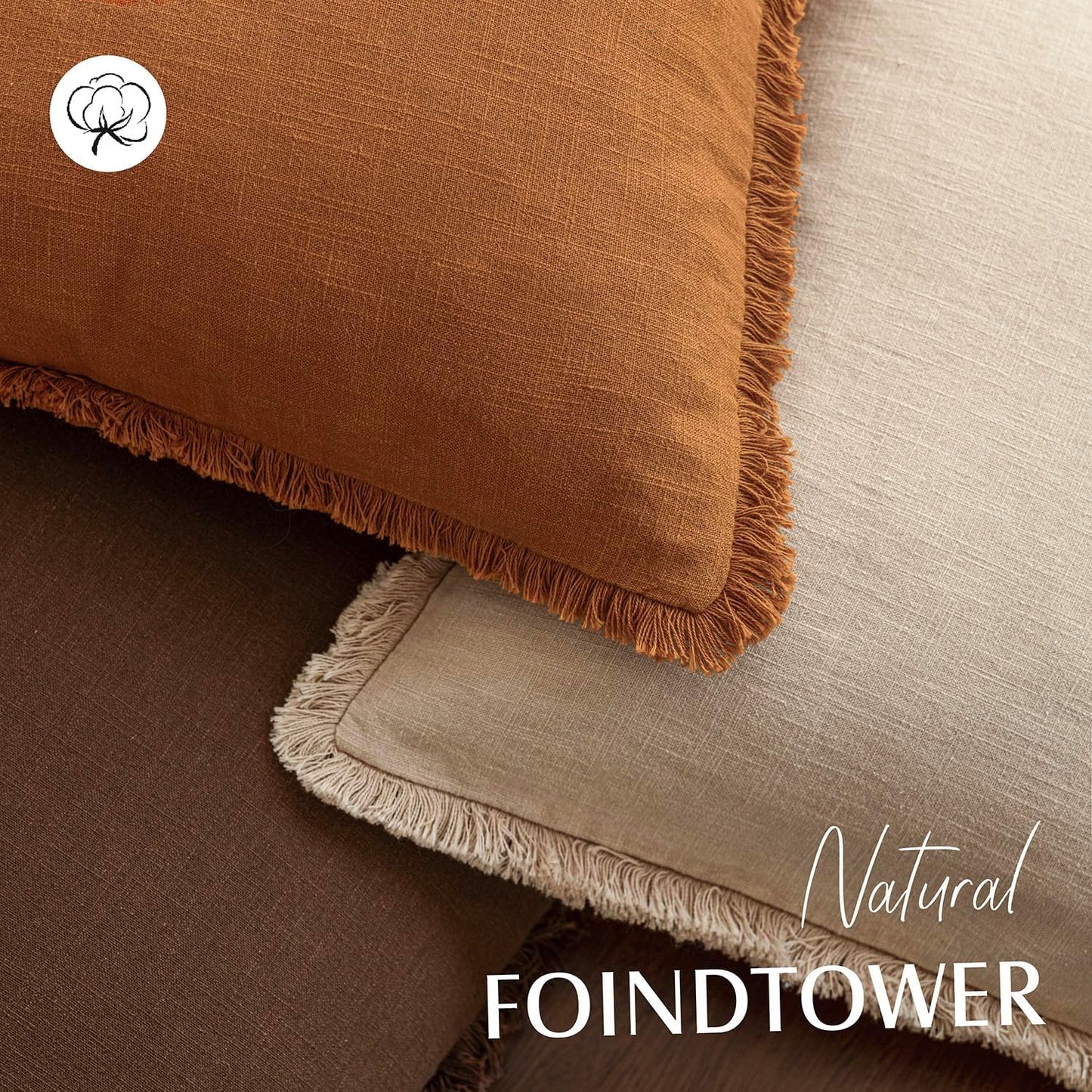 Foindtower Set of 2 Decorative Linen Fringe Throw Pillow Covers Cozy Boho Farmhouse Cushion Cover with Tassels Soft Accent Pillowcase for Couch Sofa Bed Living Room Home Decor, 16×16 Inch, Orange