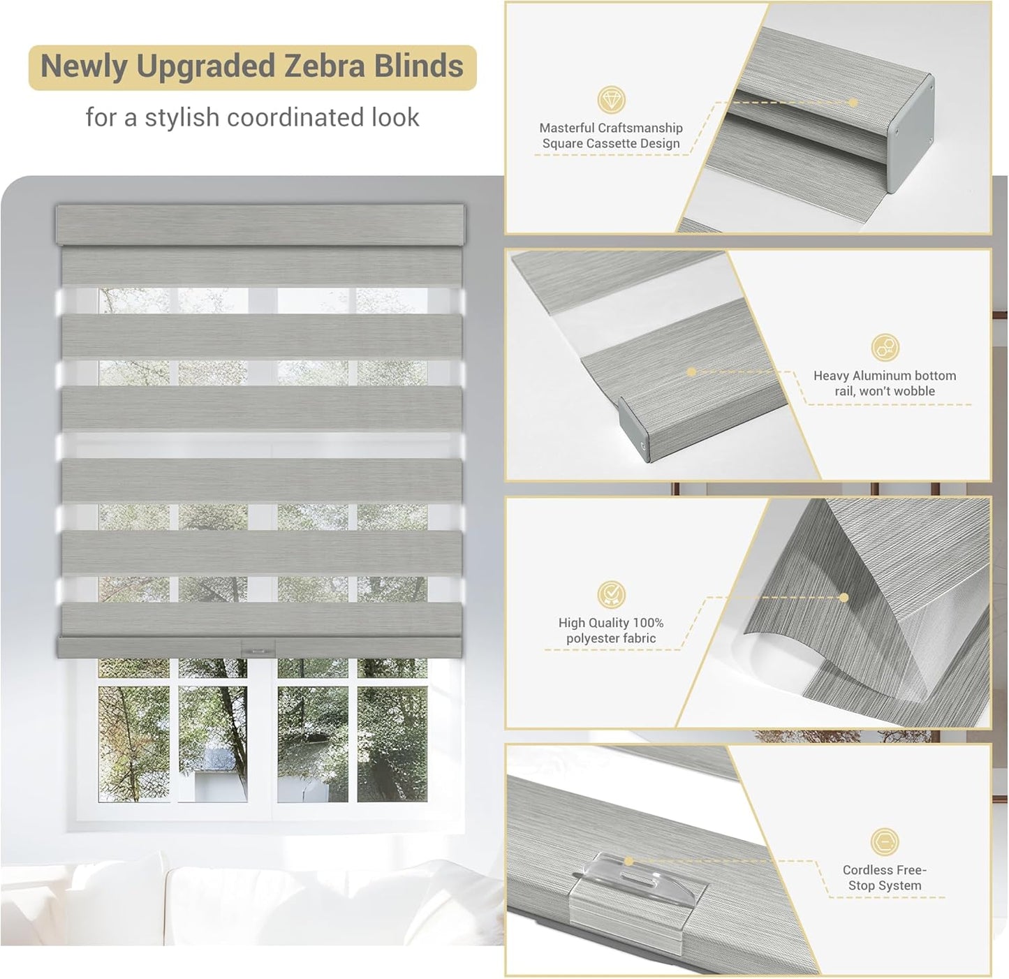 Cordless Zebra Blinds for Windows, Blackout Interior Blinds,Easy to Install,UV Protection,for Offices and Home,Custom Roller Shades, Mousse Light Grey,26" W x 48" H