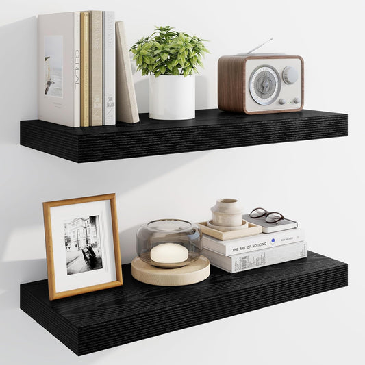 Marsmiles 24" Floating Shelves for Wall, Wooden Shelves with Invisible Brackets Set of 2, Rustic Farmhouse Wall Mounted Shelf for Kitchen Bathroom Living Room Study, Black